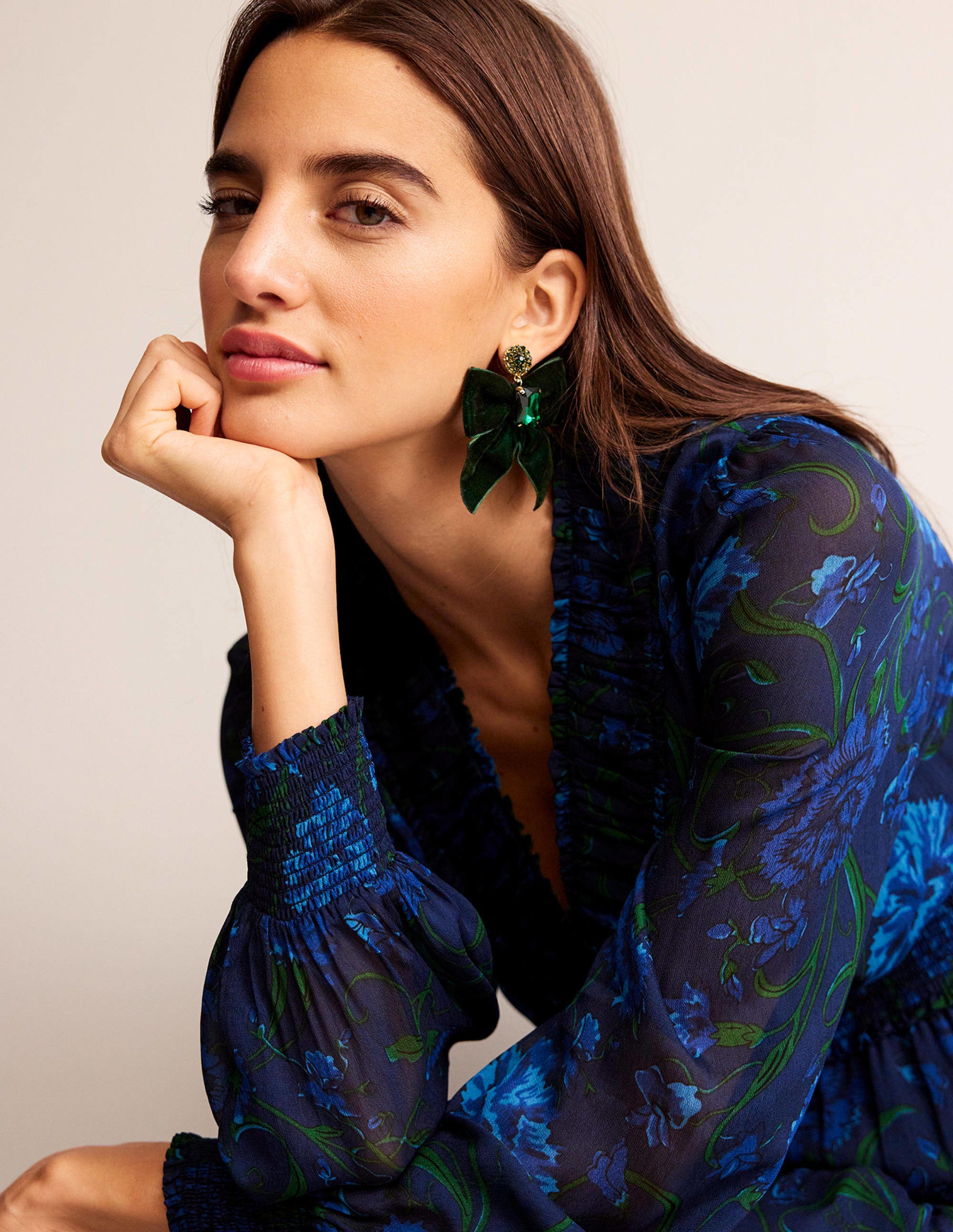 Floral Ruffle-Neck Maxi Dress-Navy, Freesia - Image 1