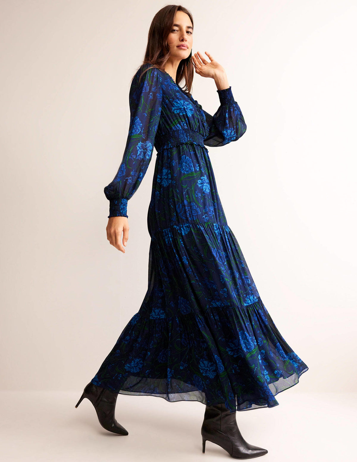 Floral Ruffle-Neck Maxi Dress-Navy, Freesia - Image 2