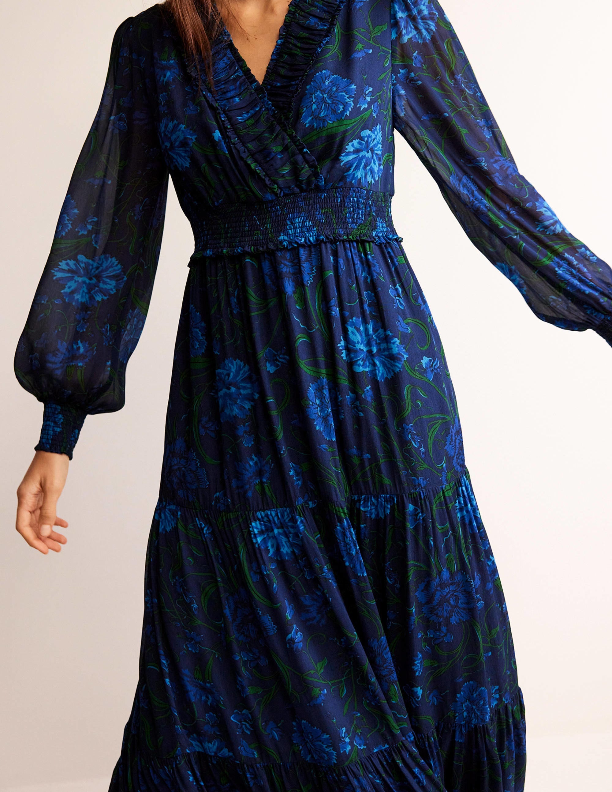 Floral Ruffle-Neck Maxi Dress-Navy, Freesia - Image 3