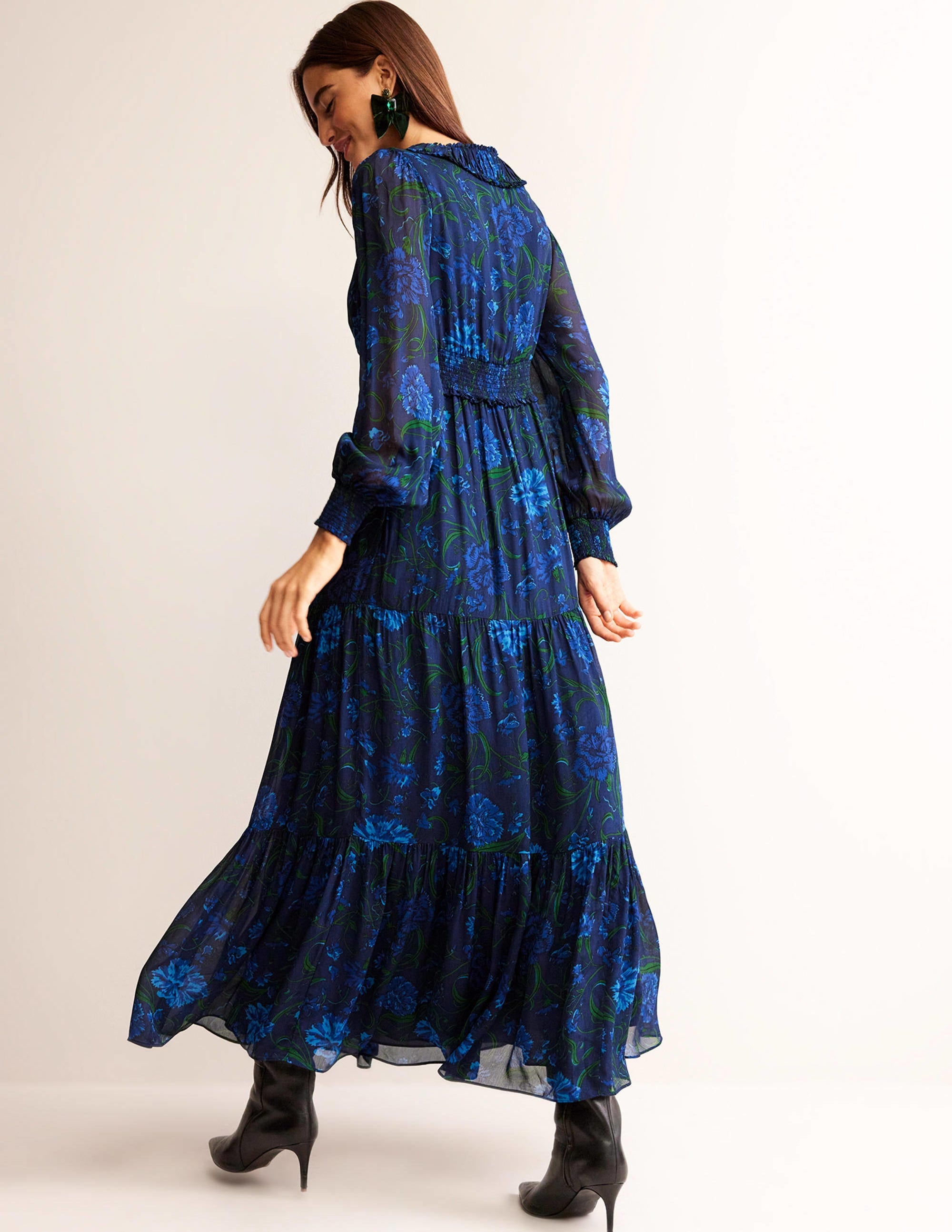 Floral Ruffle-Neck Maxi Dress-Navy, Freesia - Image 4