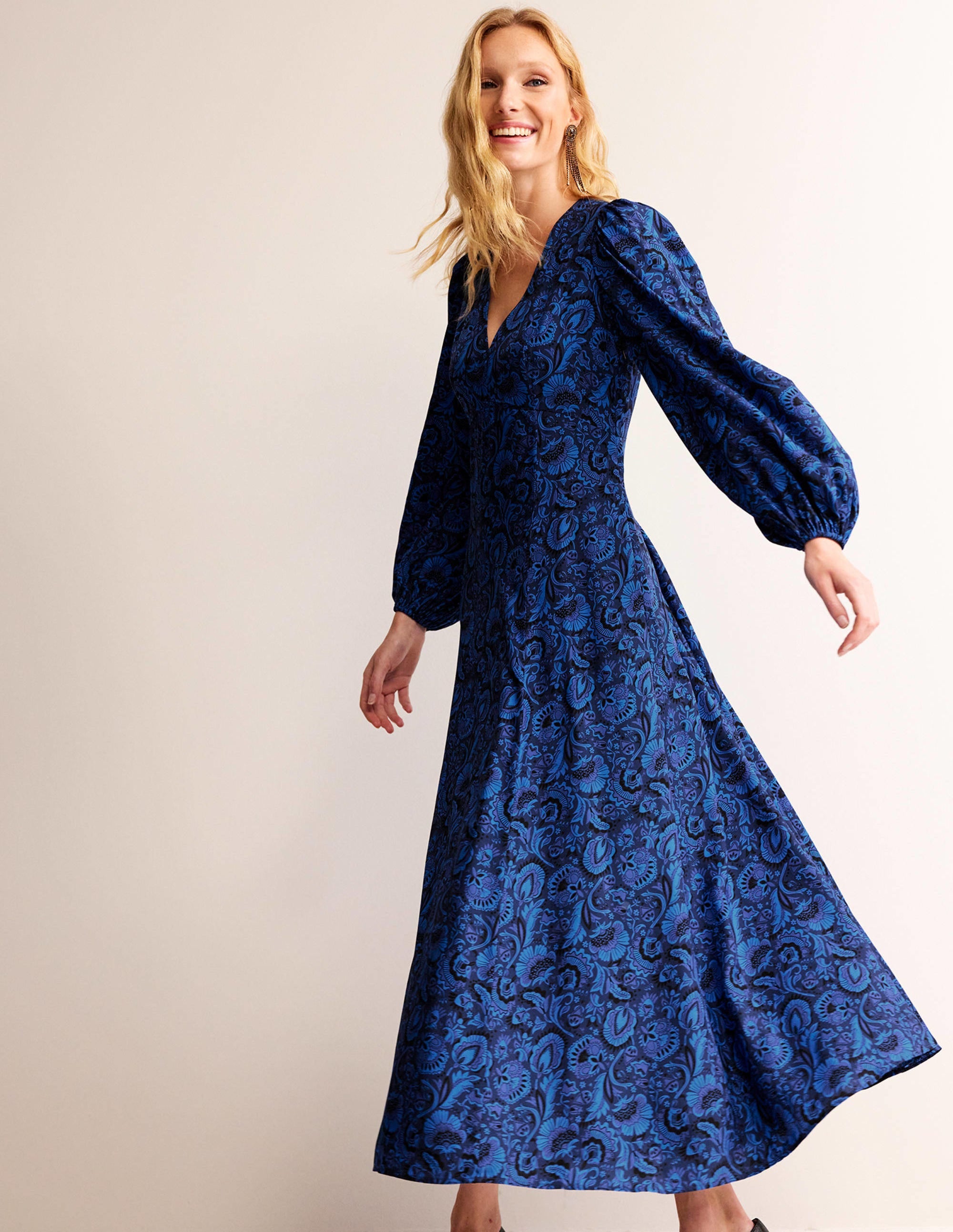 Blouson Sleeve Maxi Tea Dress-Bright Cobalt, Florist - Image 1