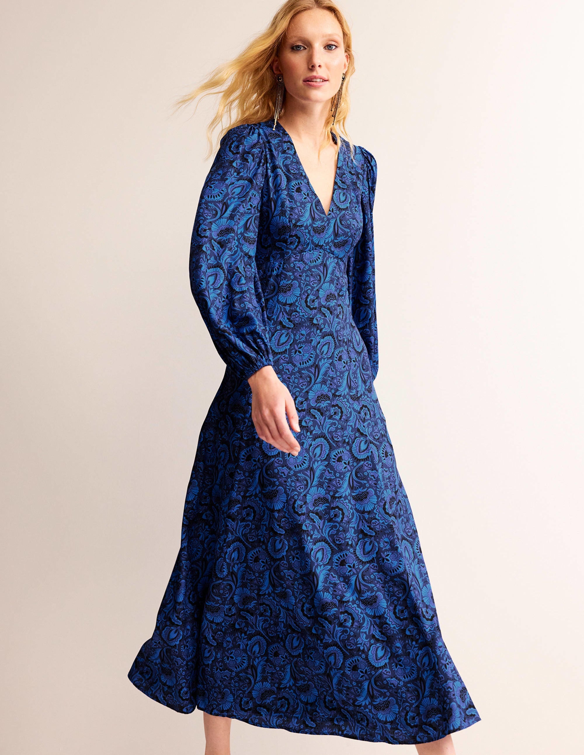 Blouson Sleeve Maxi Tea Dress-Bright Cobalt, Florist - Image 4