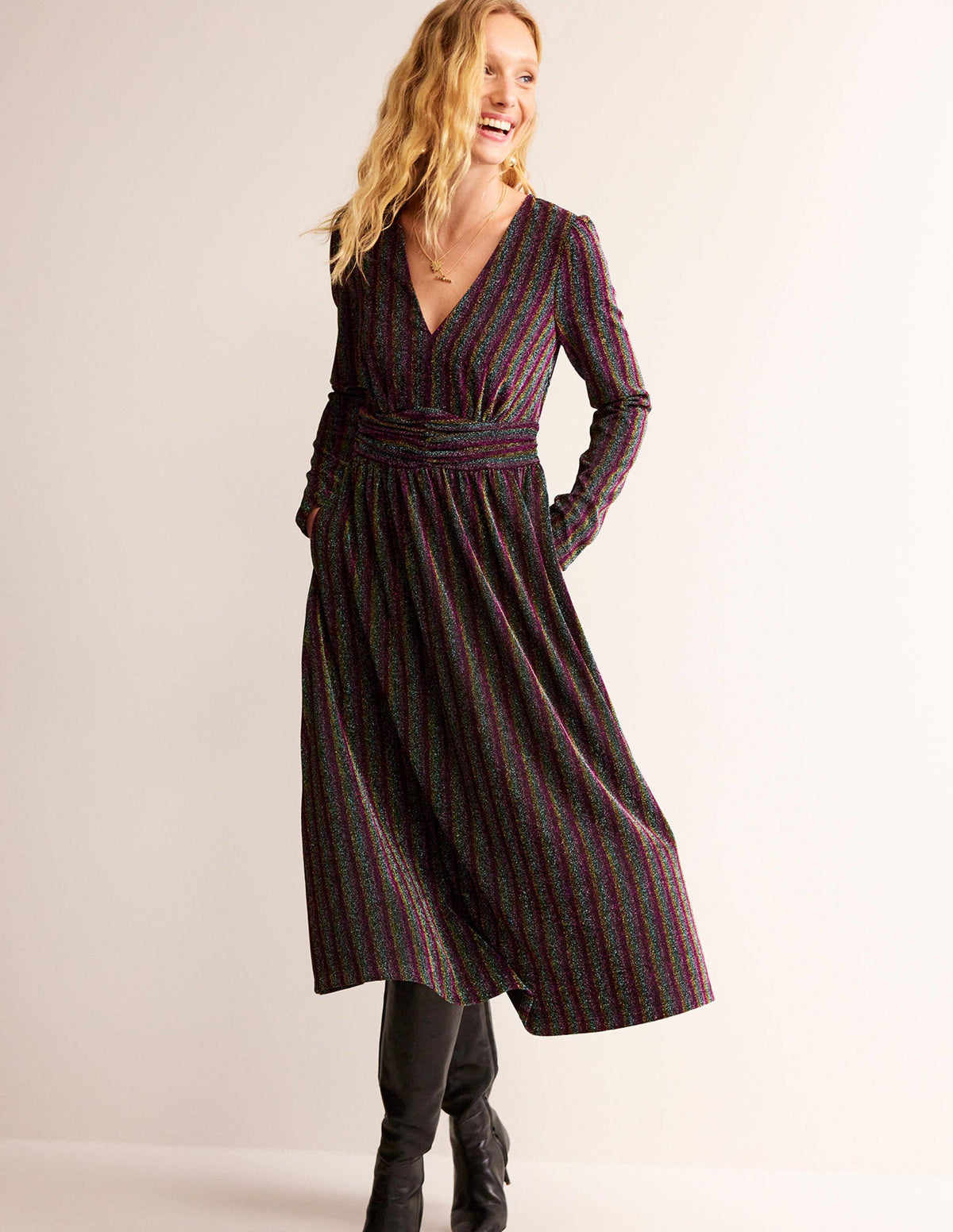 Ruched Sparkle Midi Dress-Multi Stripe - Image 1