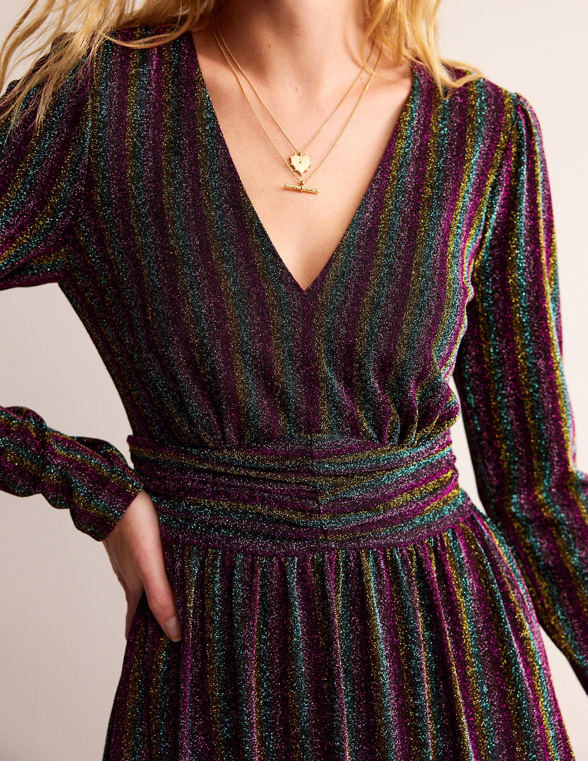 Ruched Sparkle Midi Dress-Multi Stripe-2