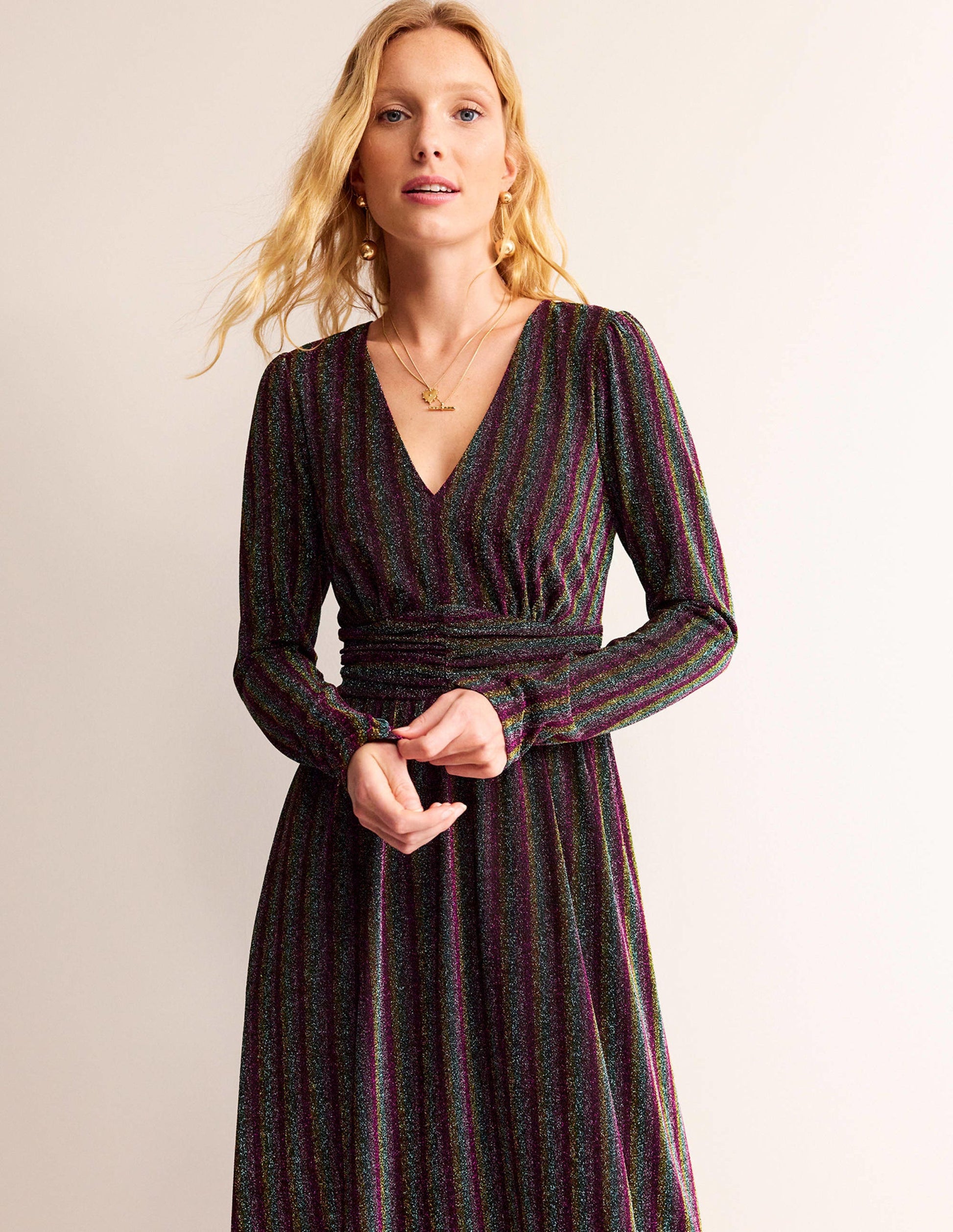 Ruched Sparkle Midi Dress-Multi Stripe-4