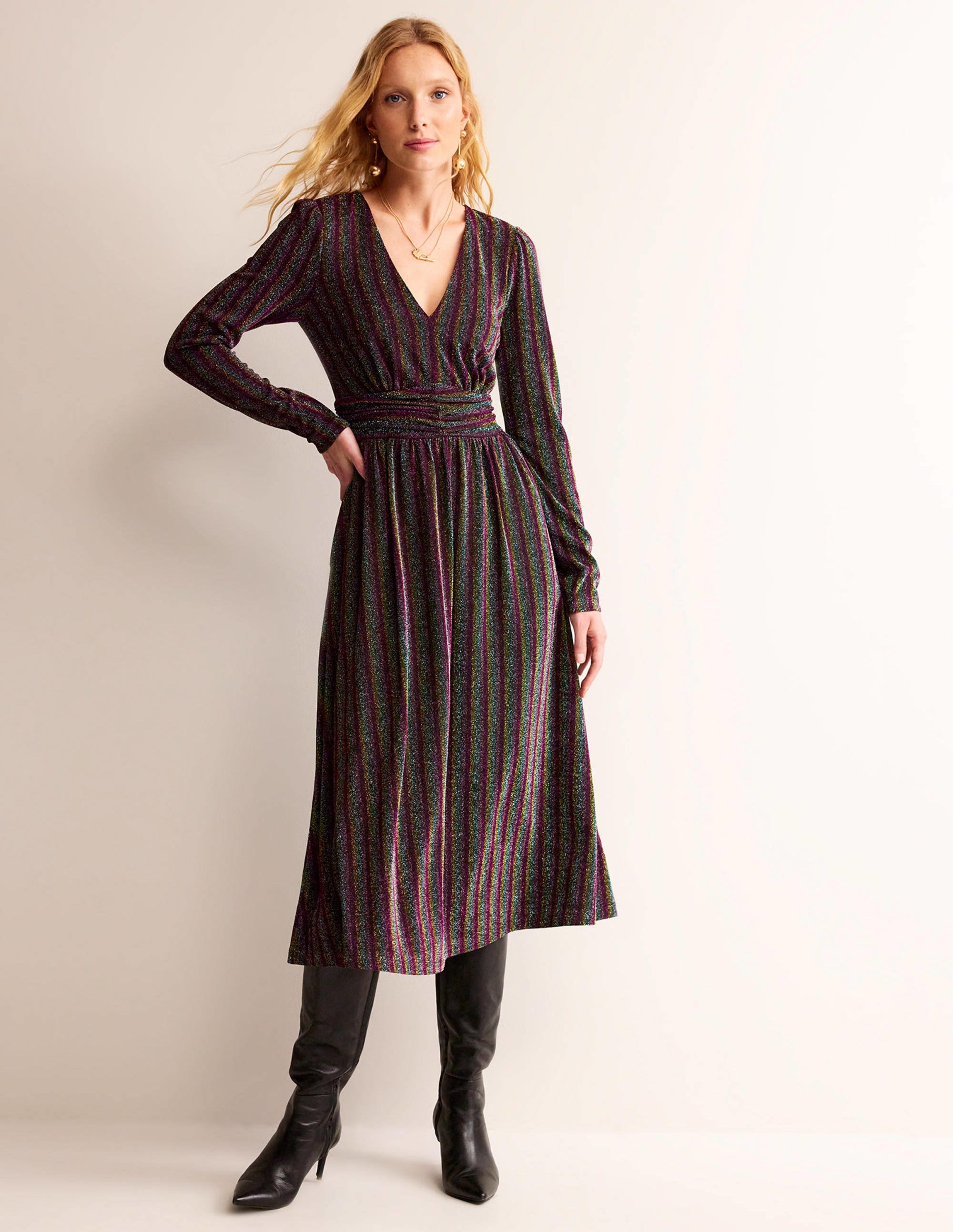 Ruched Sparkle Midi Dress-Multi Stripe - Image 5