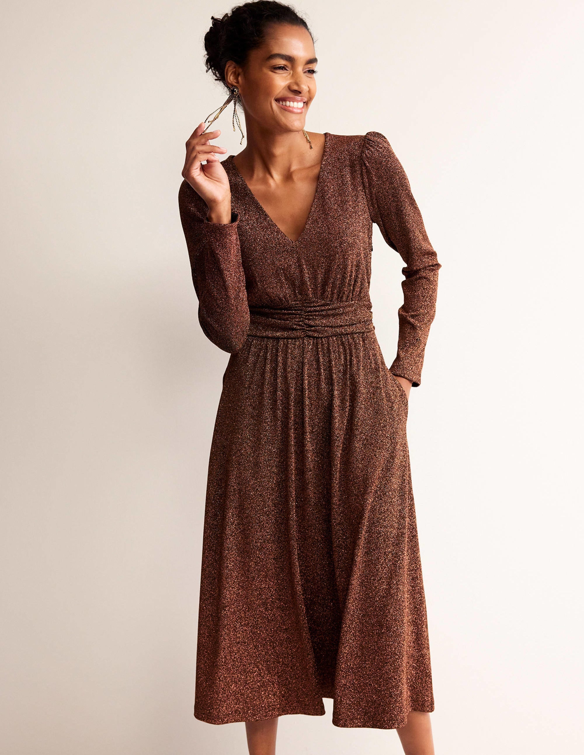 Ruched Waist Sparkle Dress-Copper - Image 1