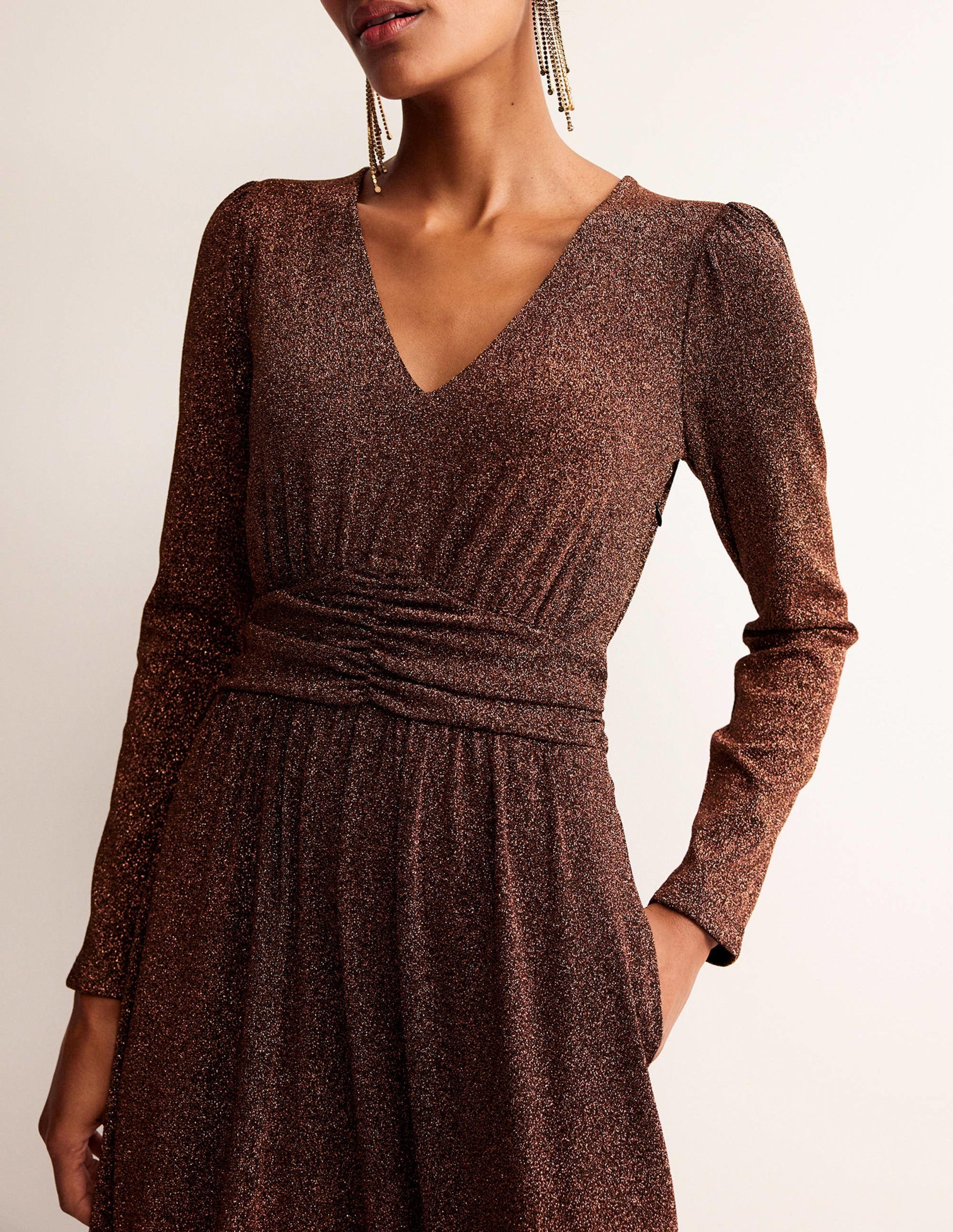 Ruched Waist Sparkle Dress-Copper-2