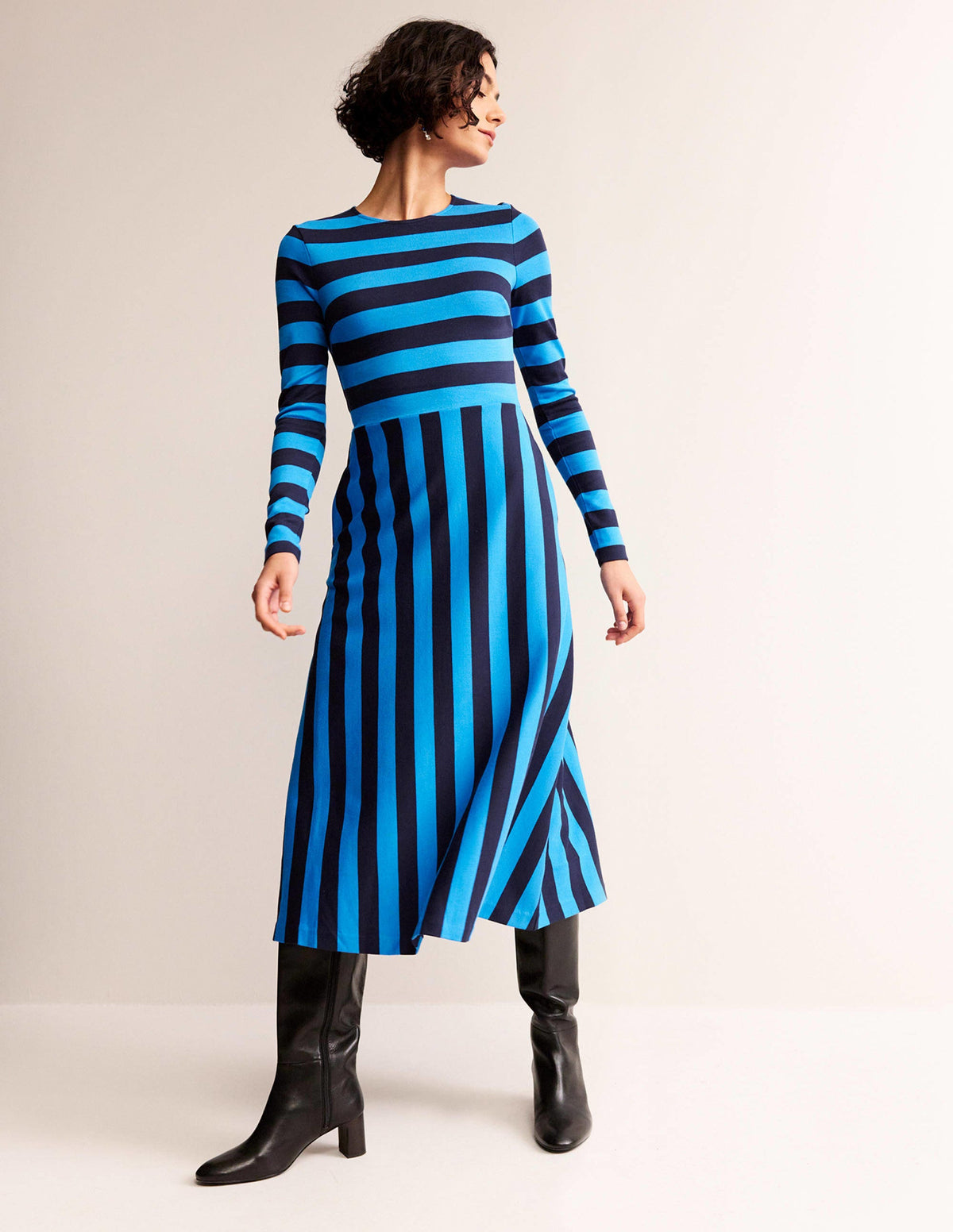 Stripe Jersey Midi Dress-Navy, Brilliant Blue Stripe - Image 1