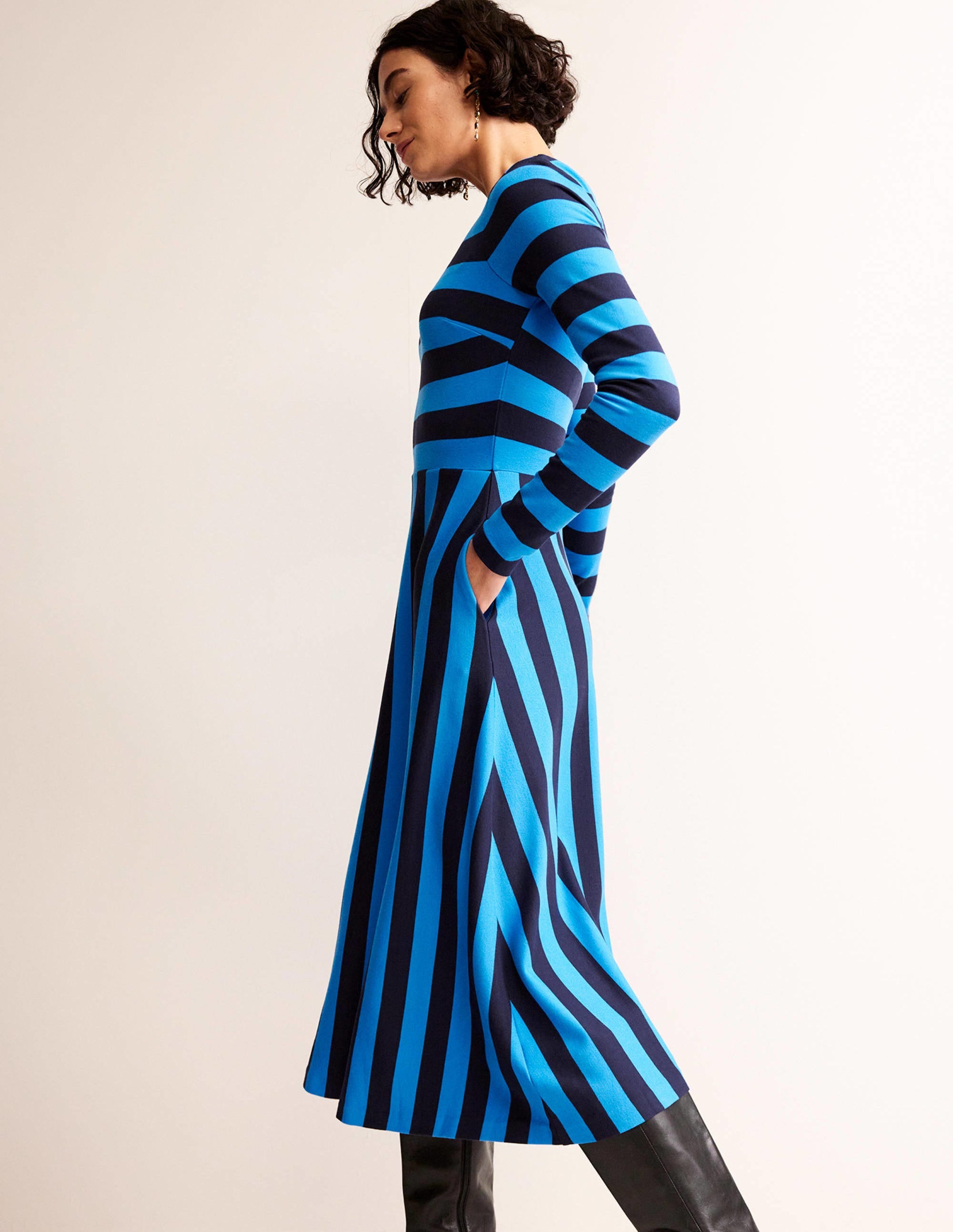 Stripe Jersey Midi Dress-Navy, Brilliant Blue Stripe - Image 4