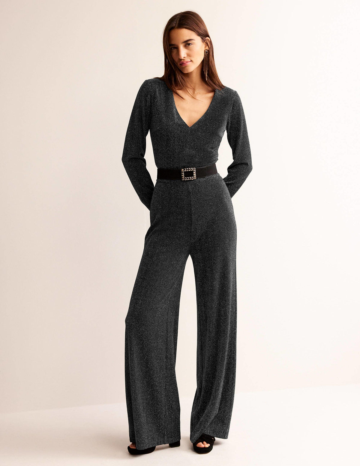 Metallic Plunge Jumpsuit-Black-1