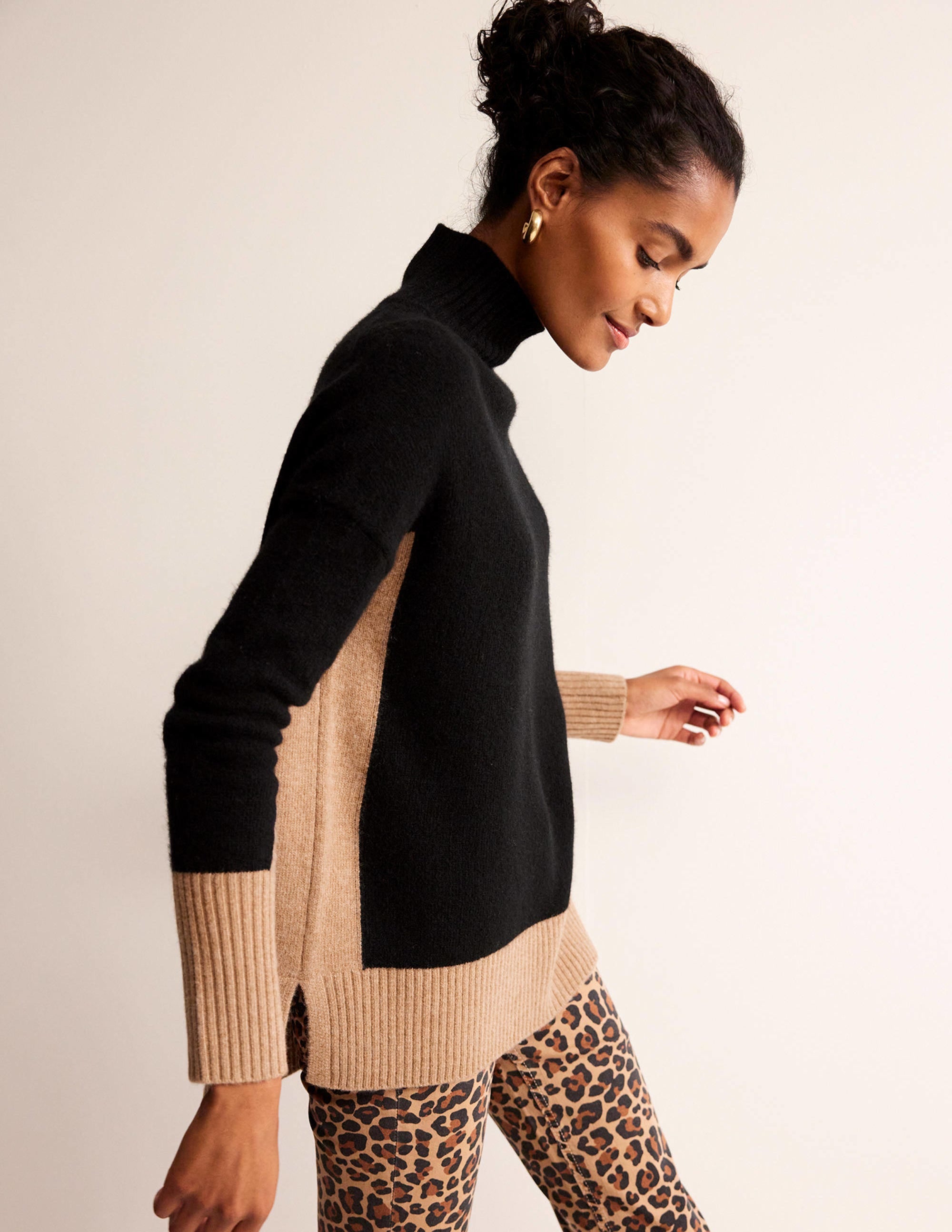 Jessica Oversized Sweater-Black, Camel Colour Block - Image 1