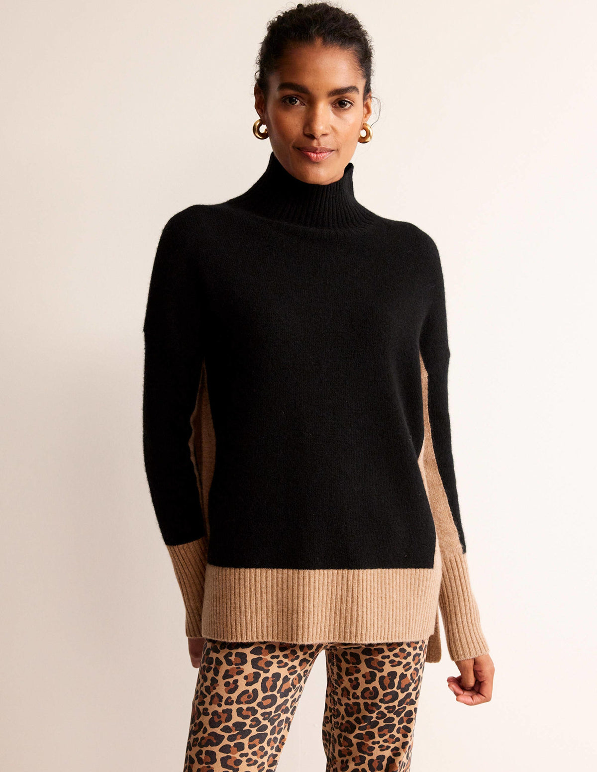 Jessica Oversized Sweater-Black, Camel Colour Block - Image 2
