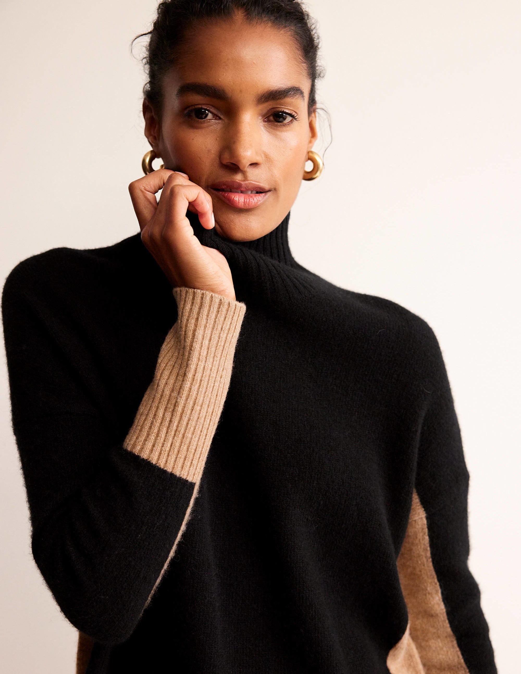 Jessica Oversized Sweater-Black, Camel Colour Block - Image 3
