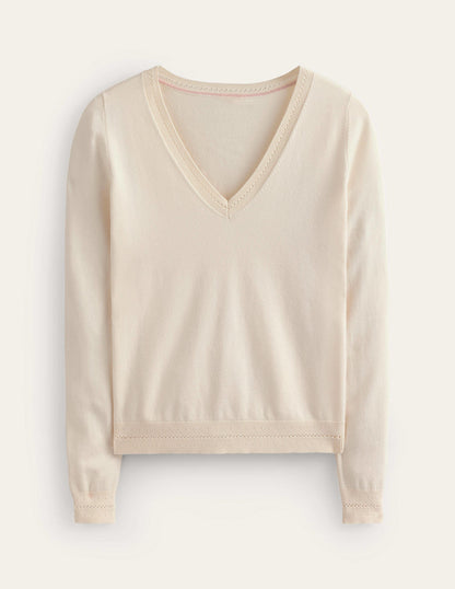 Catriona Cotton V-Neck Sweater-Warm Ivory