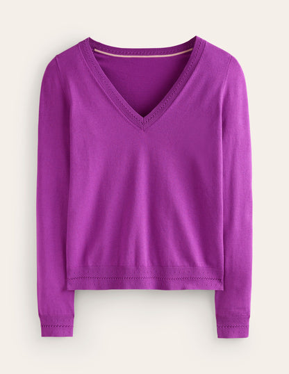 Catriona Cotton V-Neck Sweater-Jewel Purple