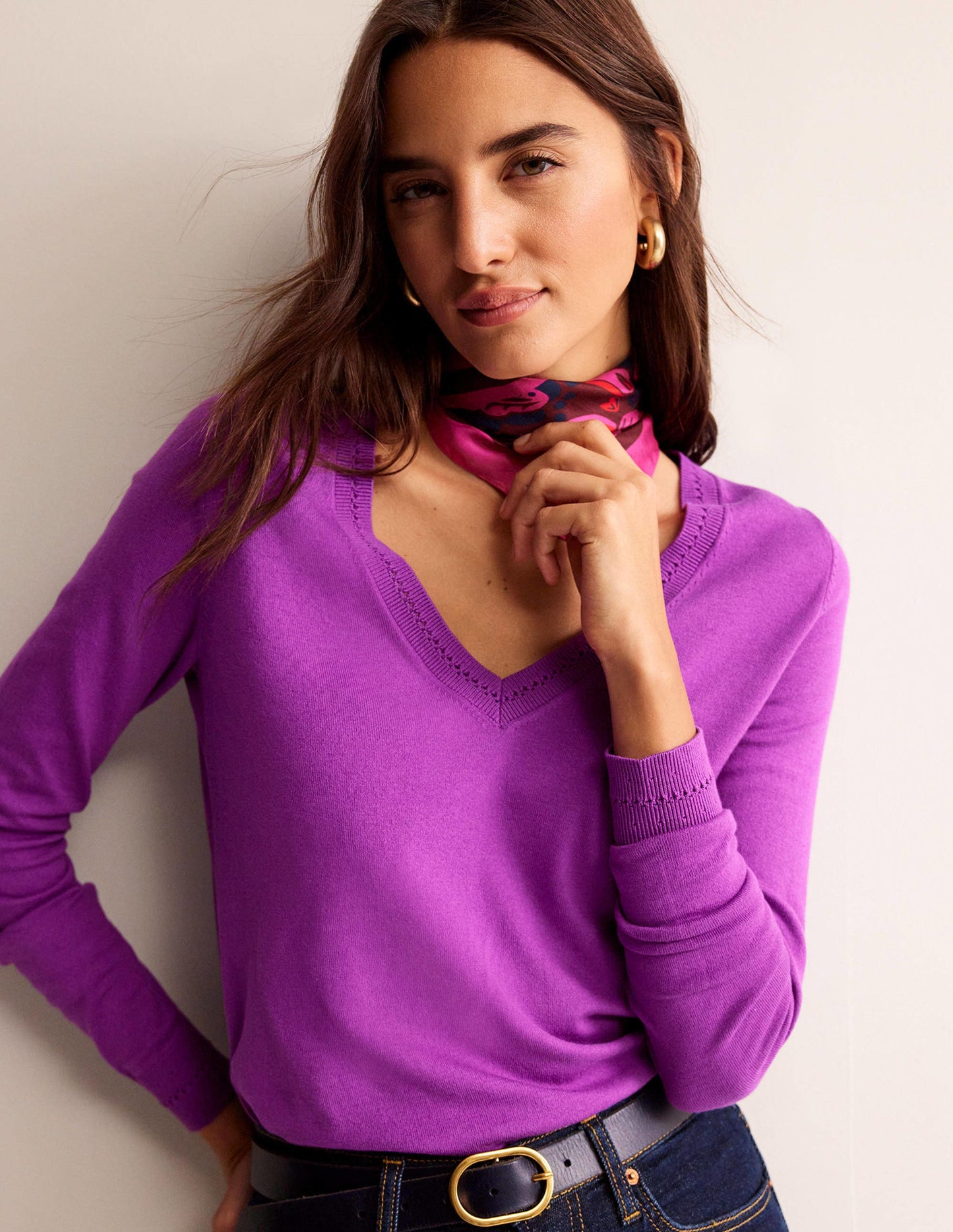 Catriona Cotton V-Neck Sweater-Jewel Purple