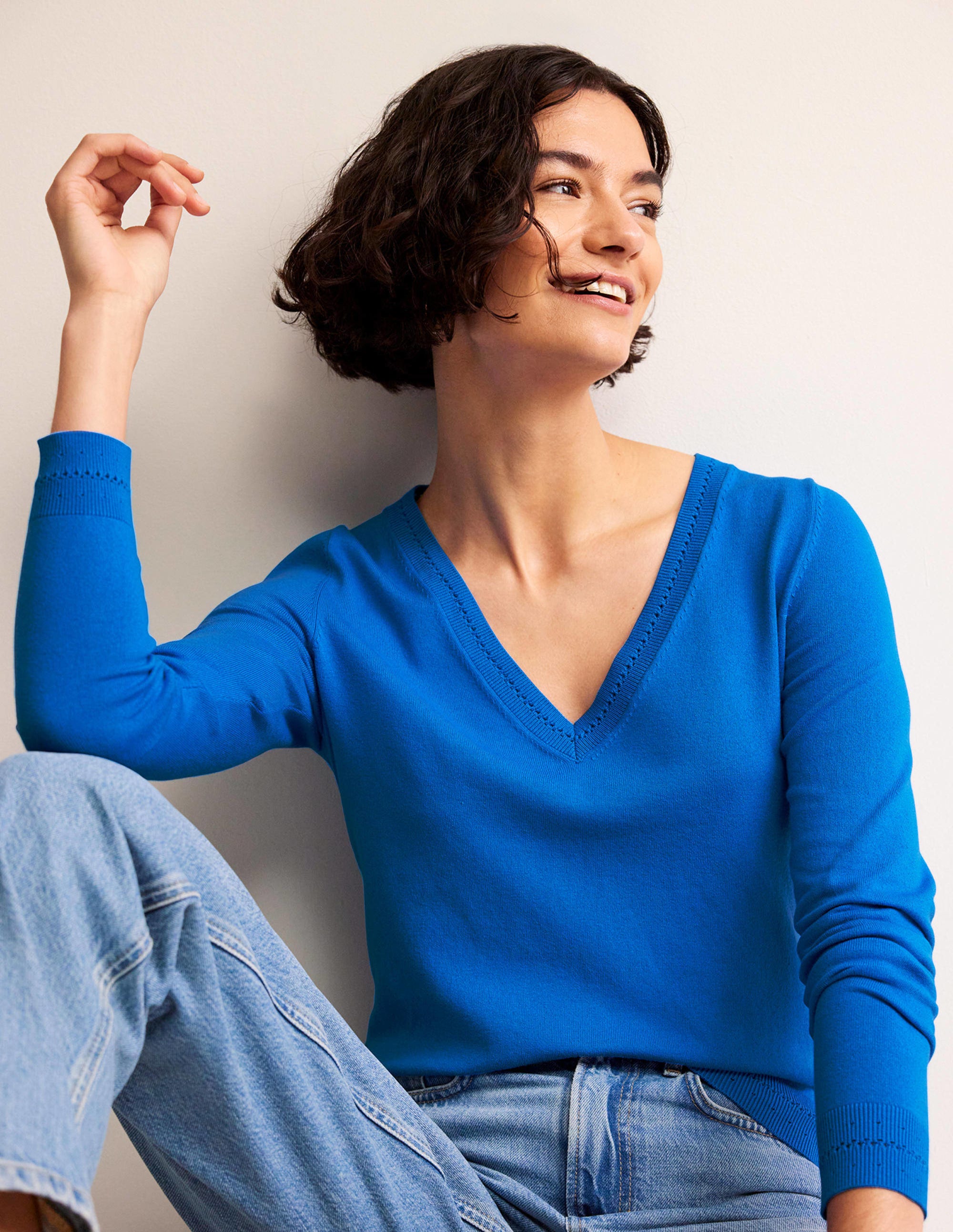 Catriona Cotton V-Neck Jumper-Brilliant Blue - Image 1