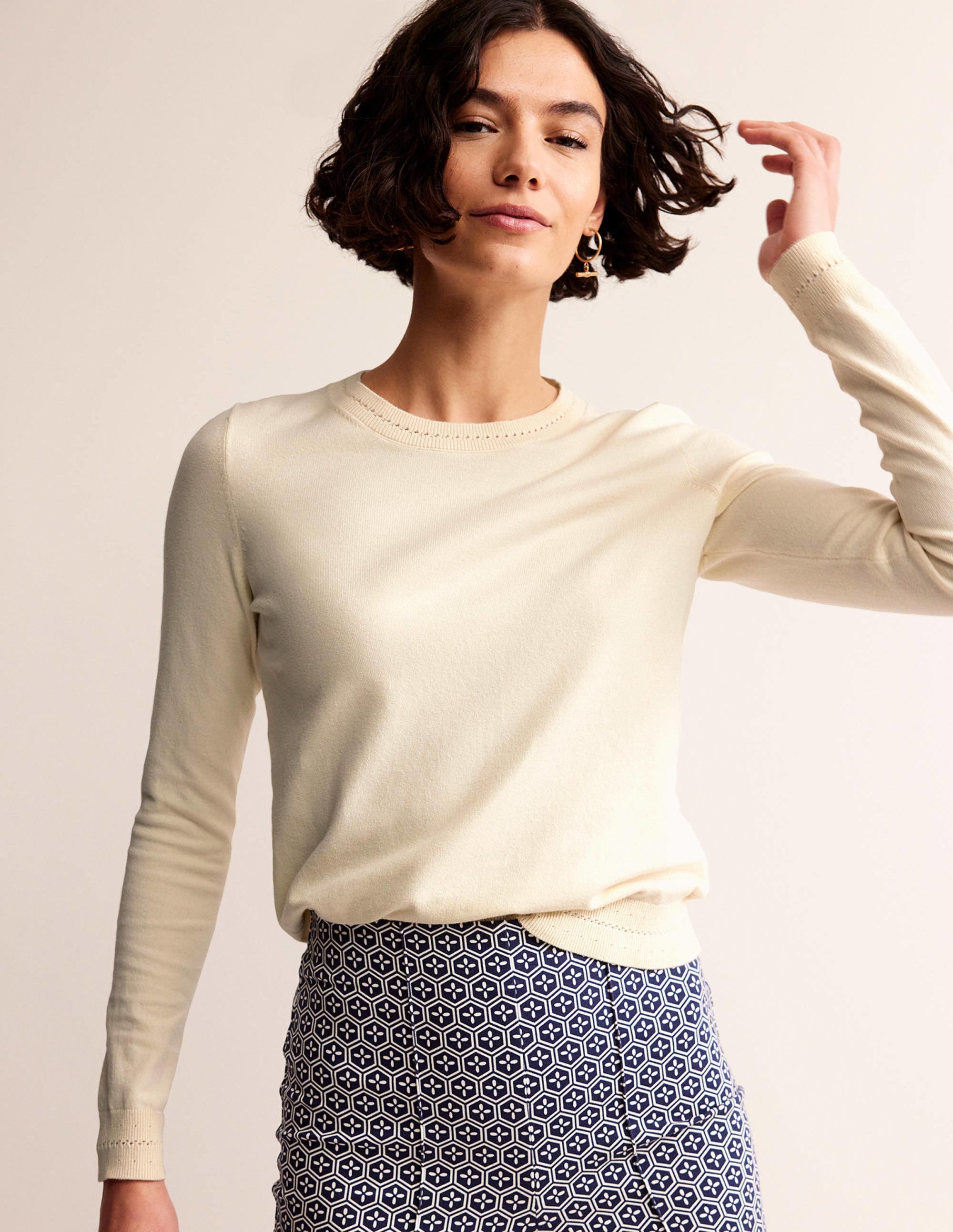 Catriona Cotton Crew Jumper-Warm Ivory - Image 1