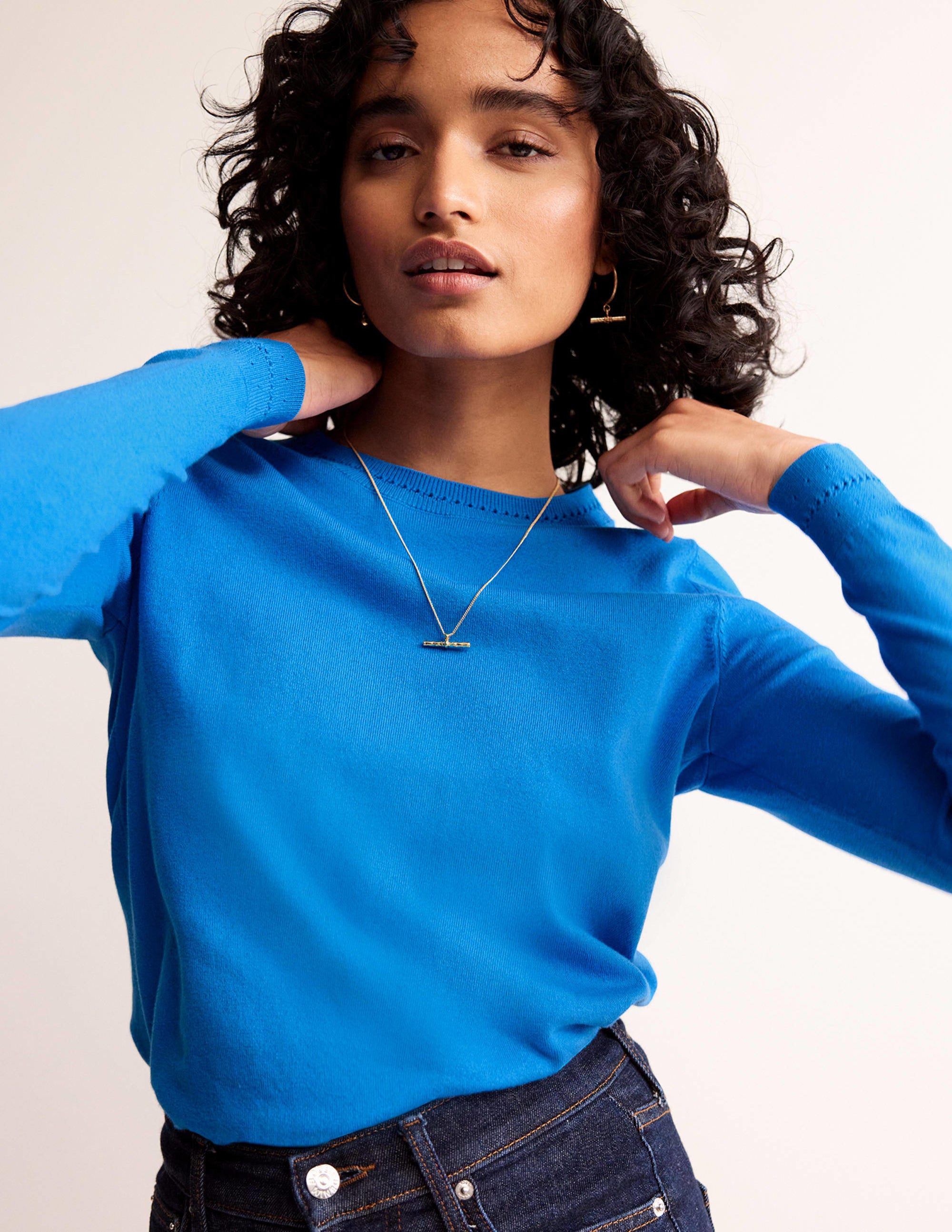 Catriona Cotton Crew Jumper-Bright Cyan Blue - Image 2