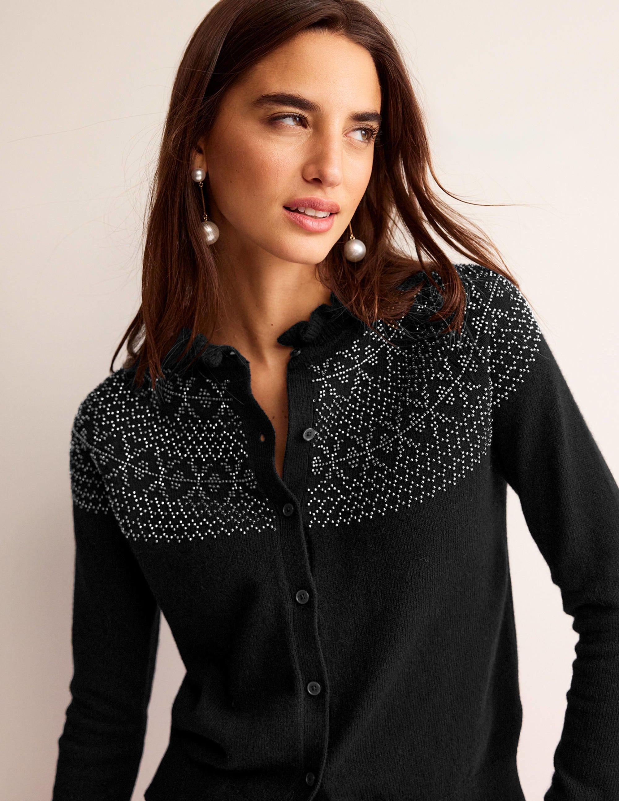 Embellished Yoke Cardigan-Black - Image 1