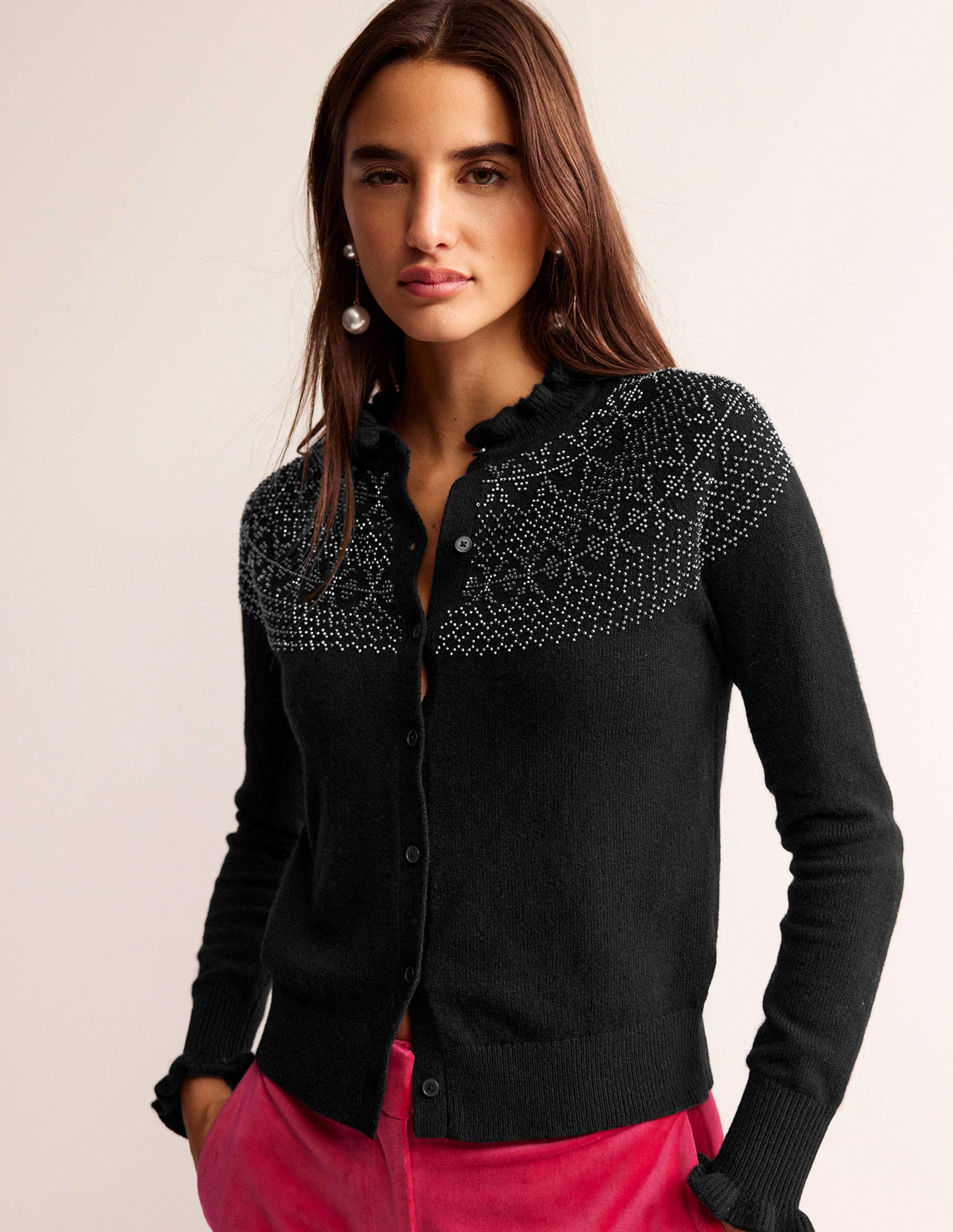 Embellished Yoke Cardigan-Black - Image 2