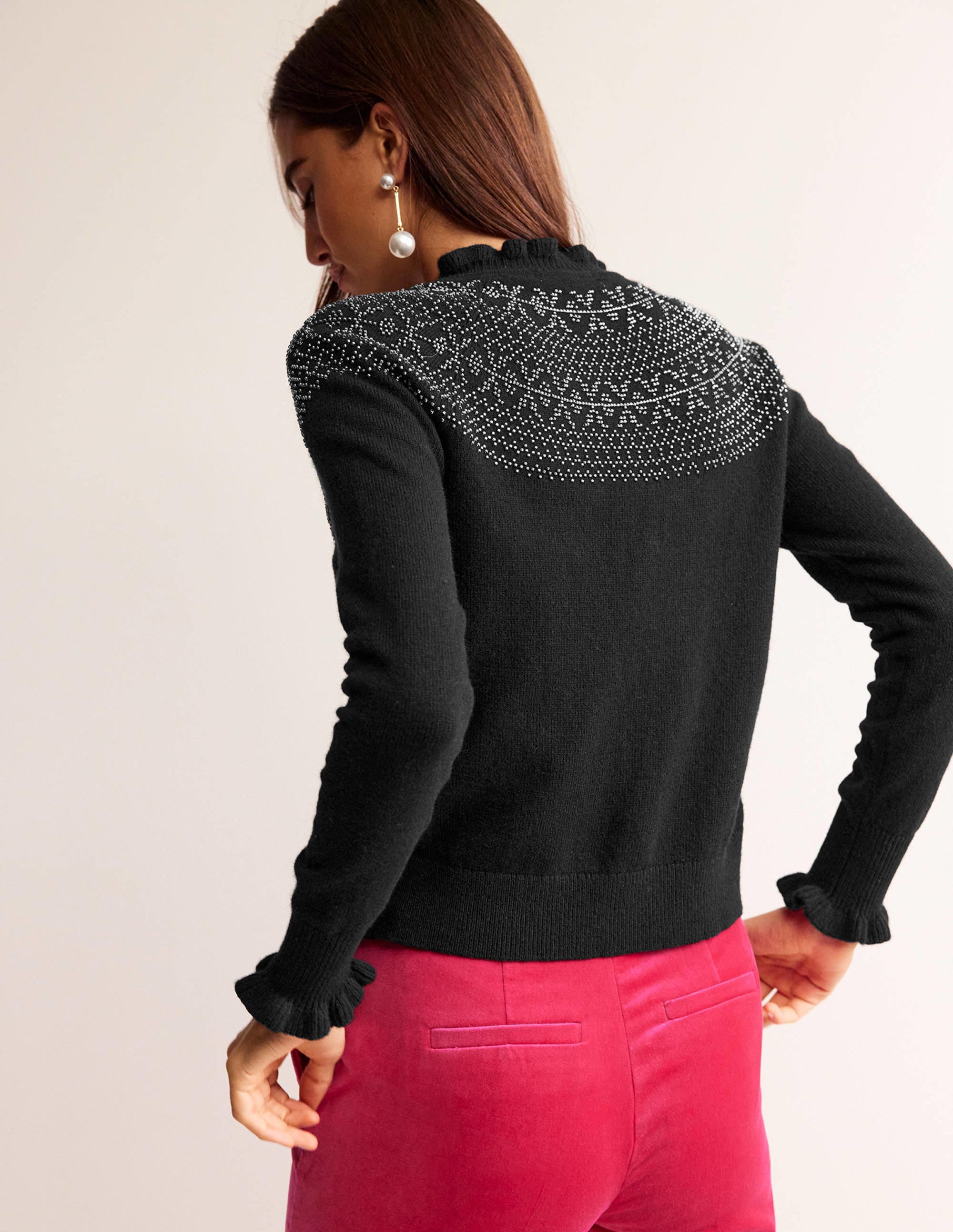 Embellished Yoke Cardigan-Black - Image 3