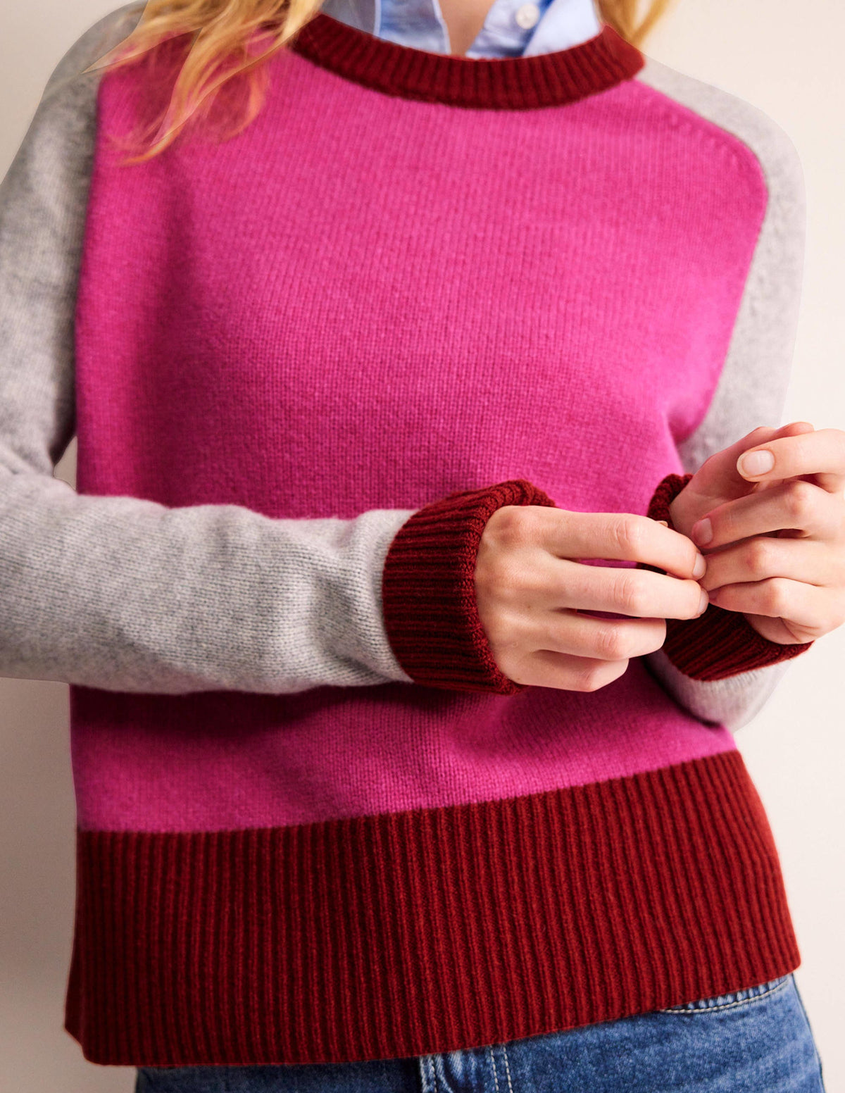 Olivia Merino Sweater-Amaranth, Fireglow Colourblock - Image 2