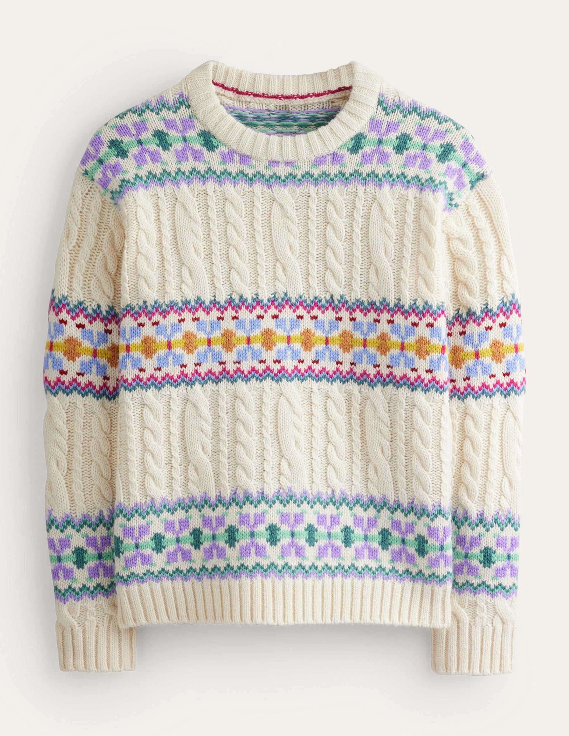 Cable Knit Fair Isle Sweater-Warm Ivory-6