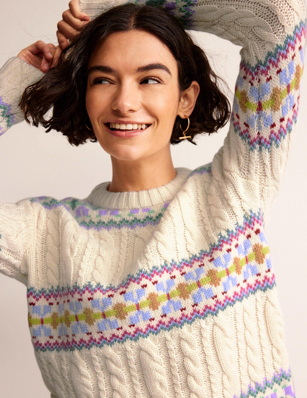 Cable Knit Fair Isle Sweater-Warm Ivory - Image 1
