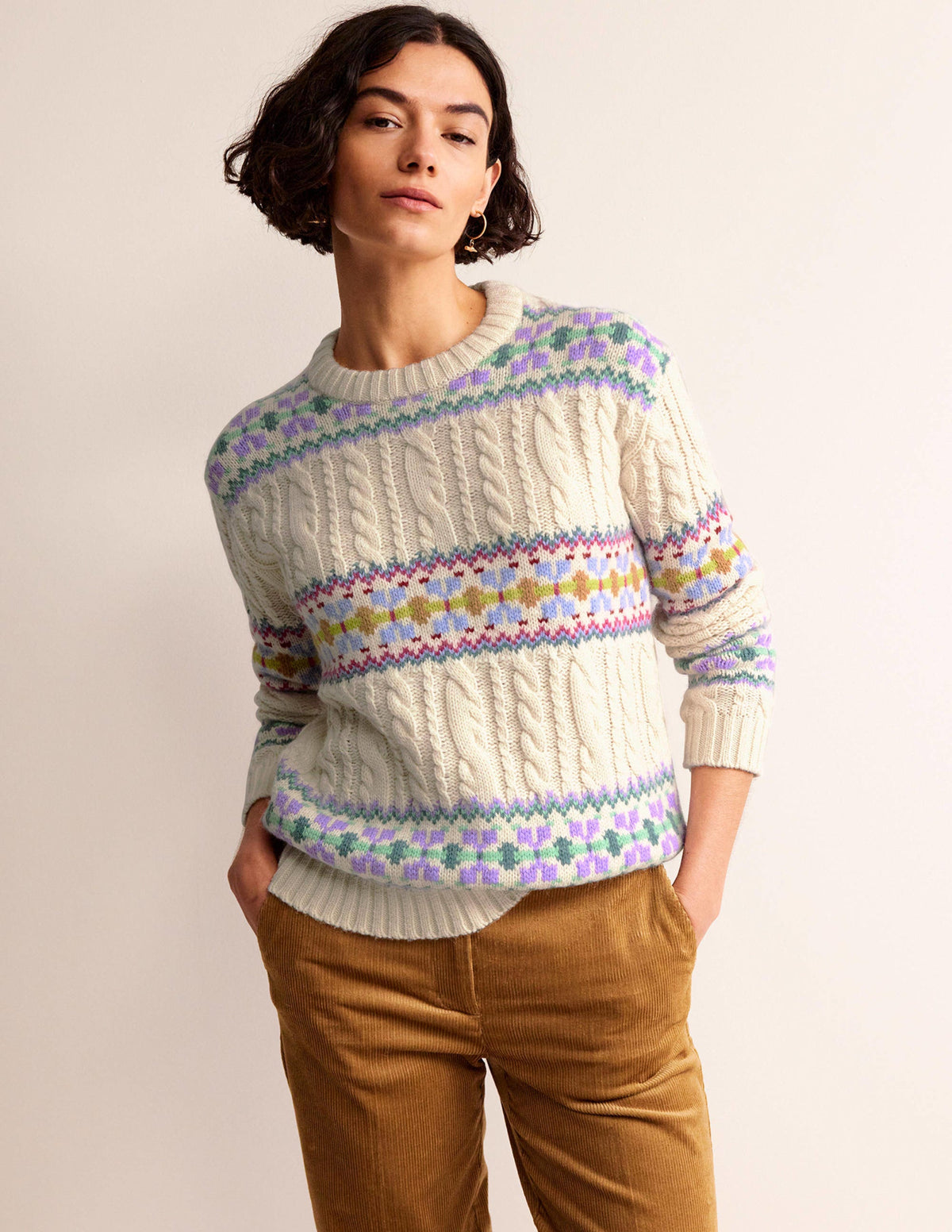 Cable Knit Fair Isle Sweater-Warm Ivory - Image 2