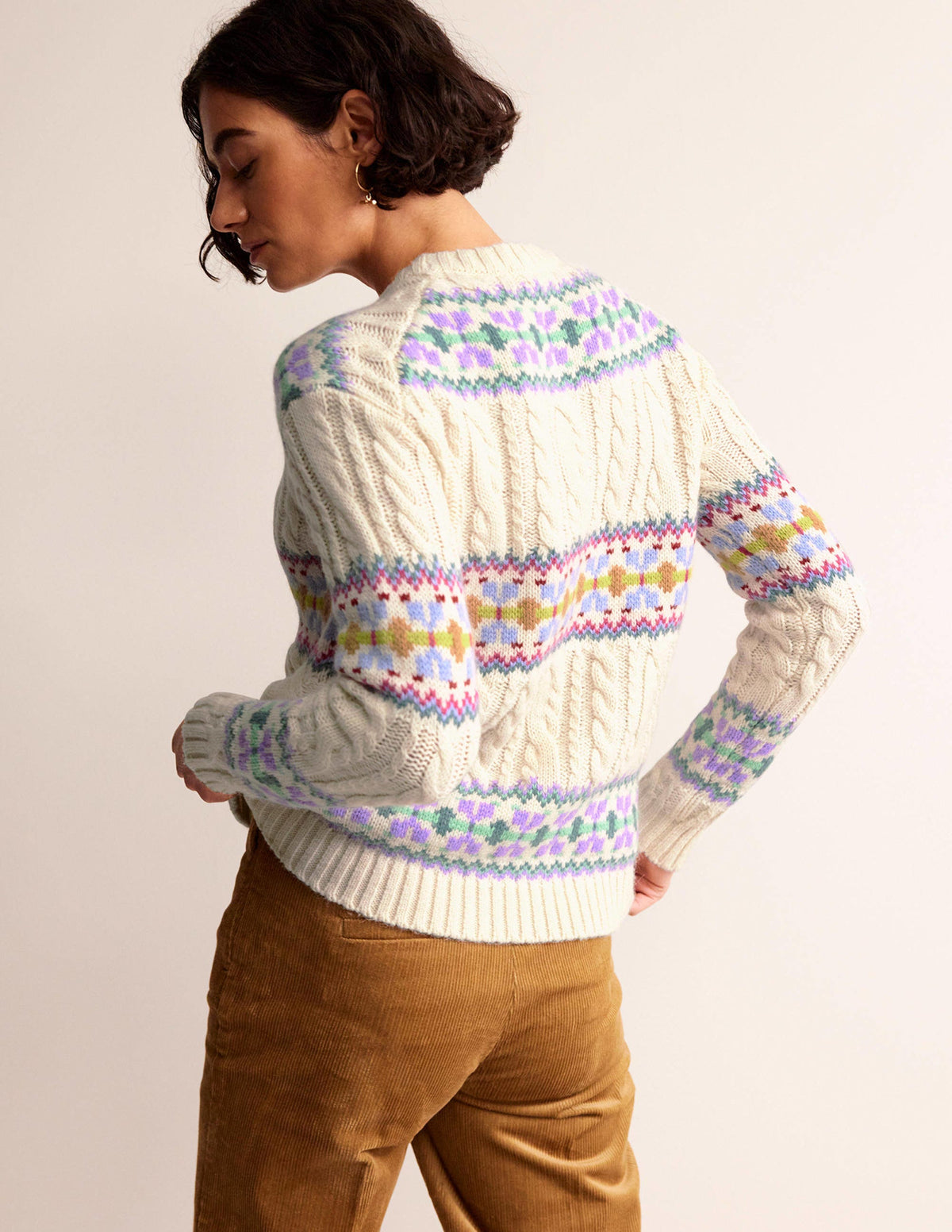 Cable Knit Fair Isle Sweater-Warm Ivory - Image 3