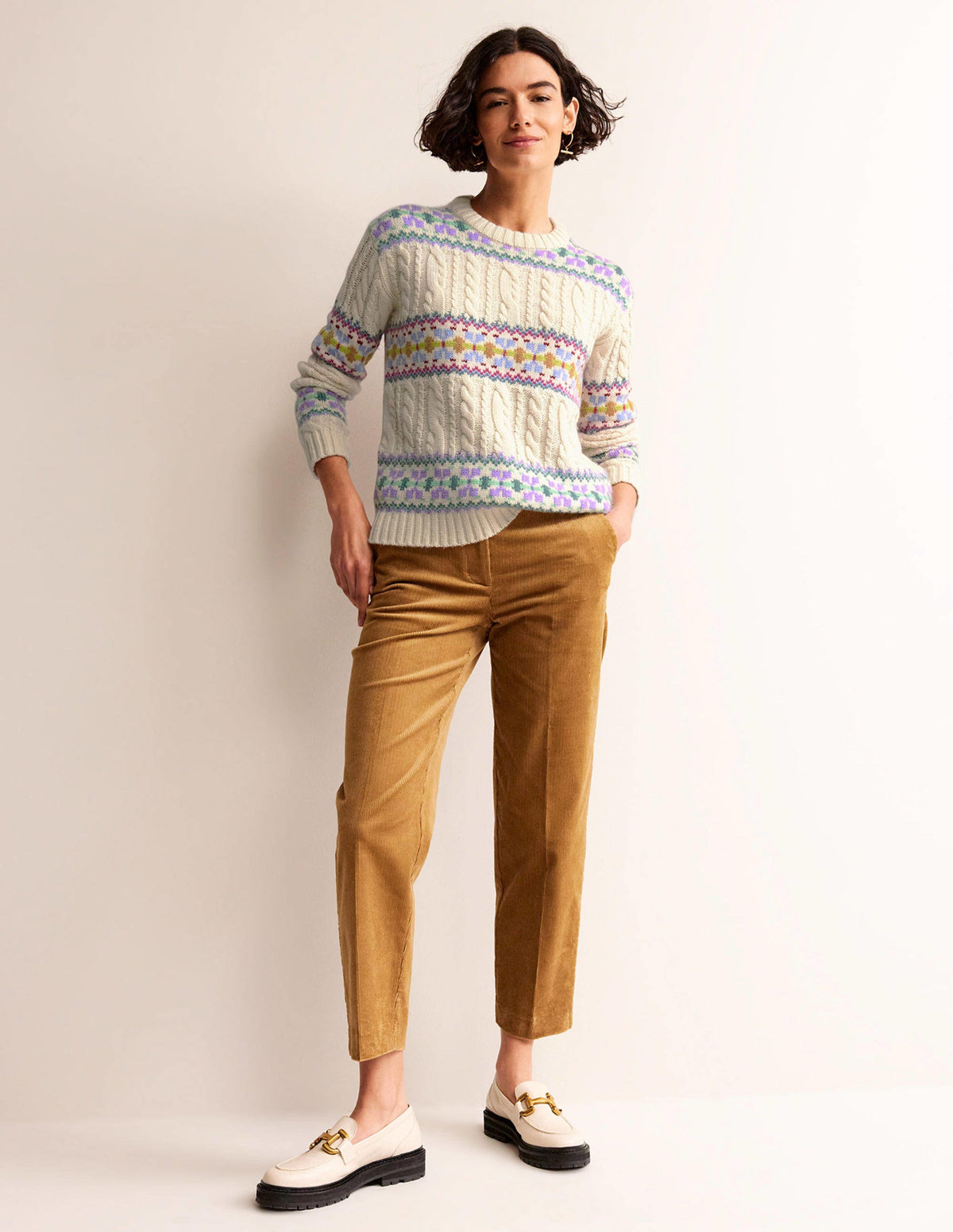 Cable Knit Fair Isle Sweater-Warm Ivory - Image 4