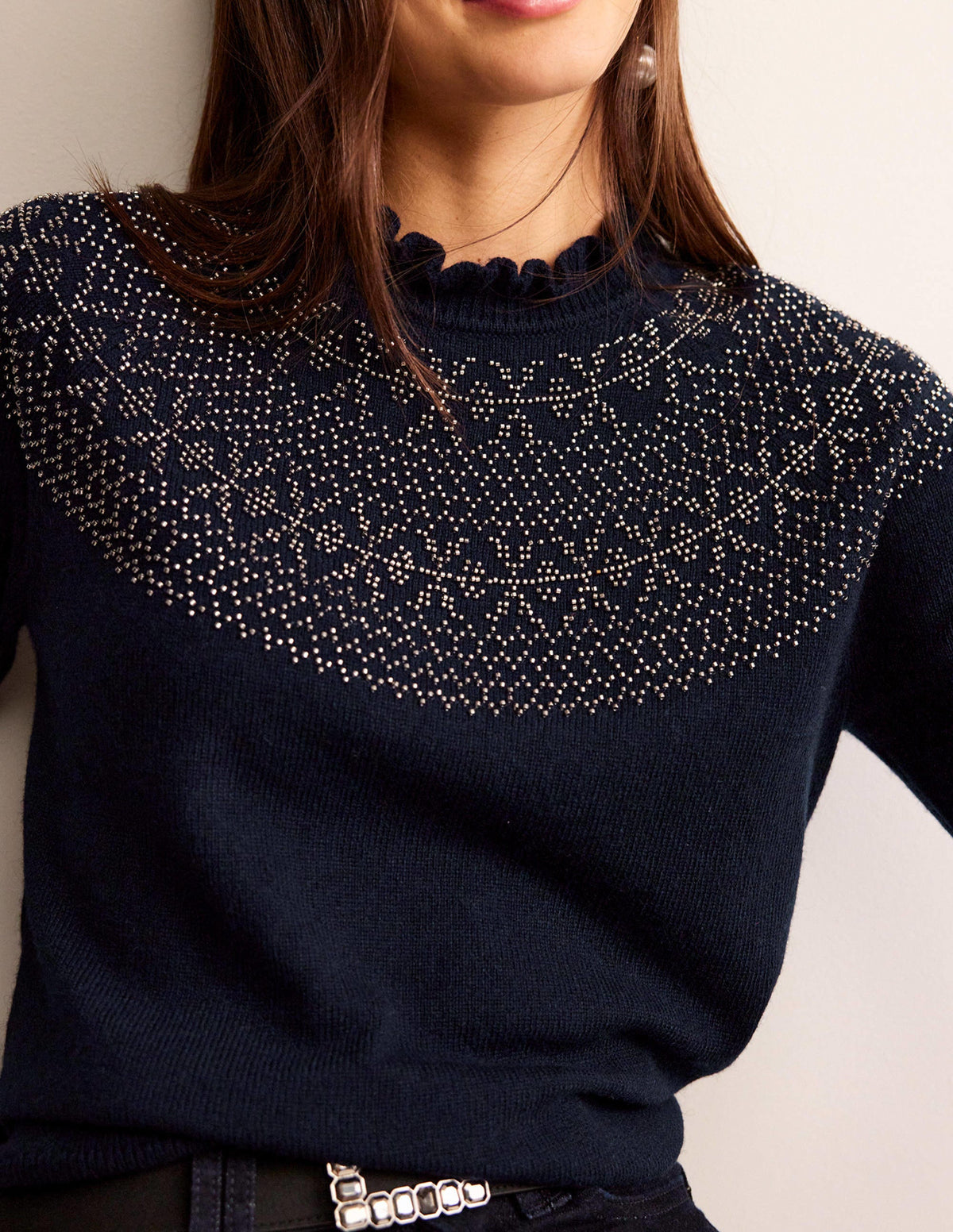 Embellished Yoke Sweater-Navy - Image 2