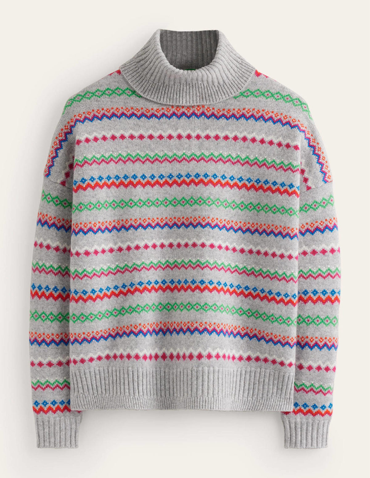 Roll Neck Cashmere Sweater-Grey Melange Fairisle-7