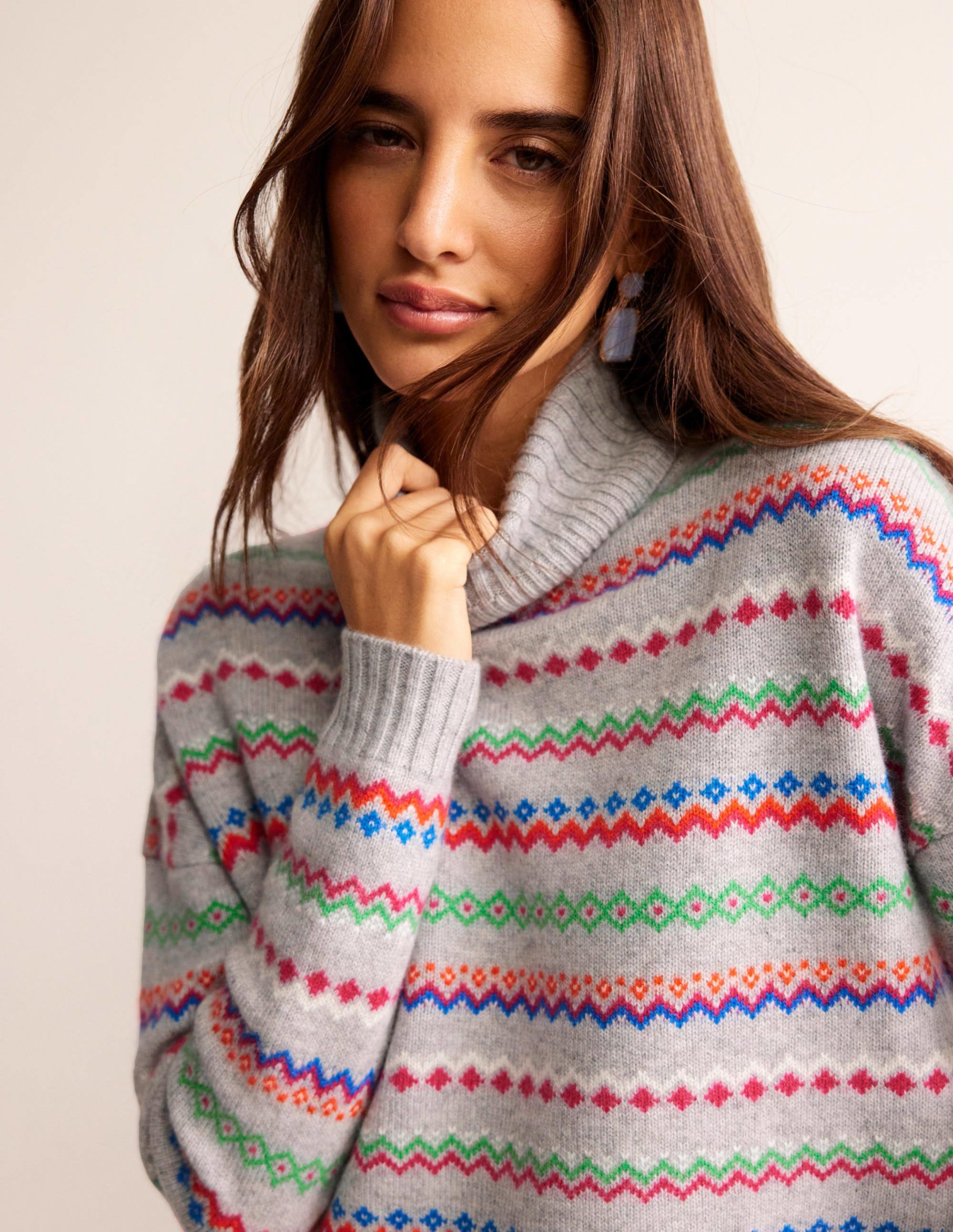 Roll Neck Cashmere Sweater-Grey Melange Fairisle - Image 1