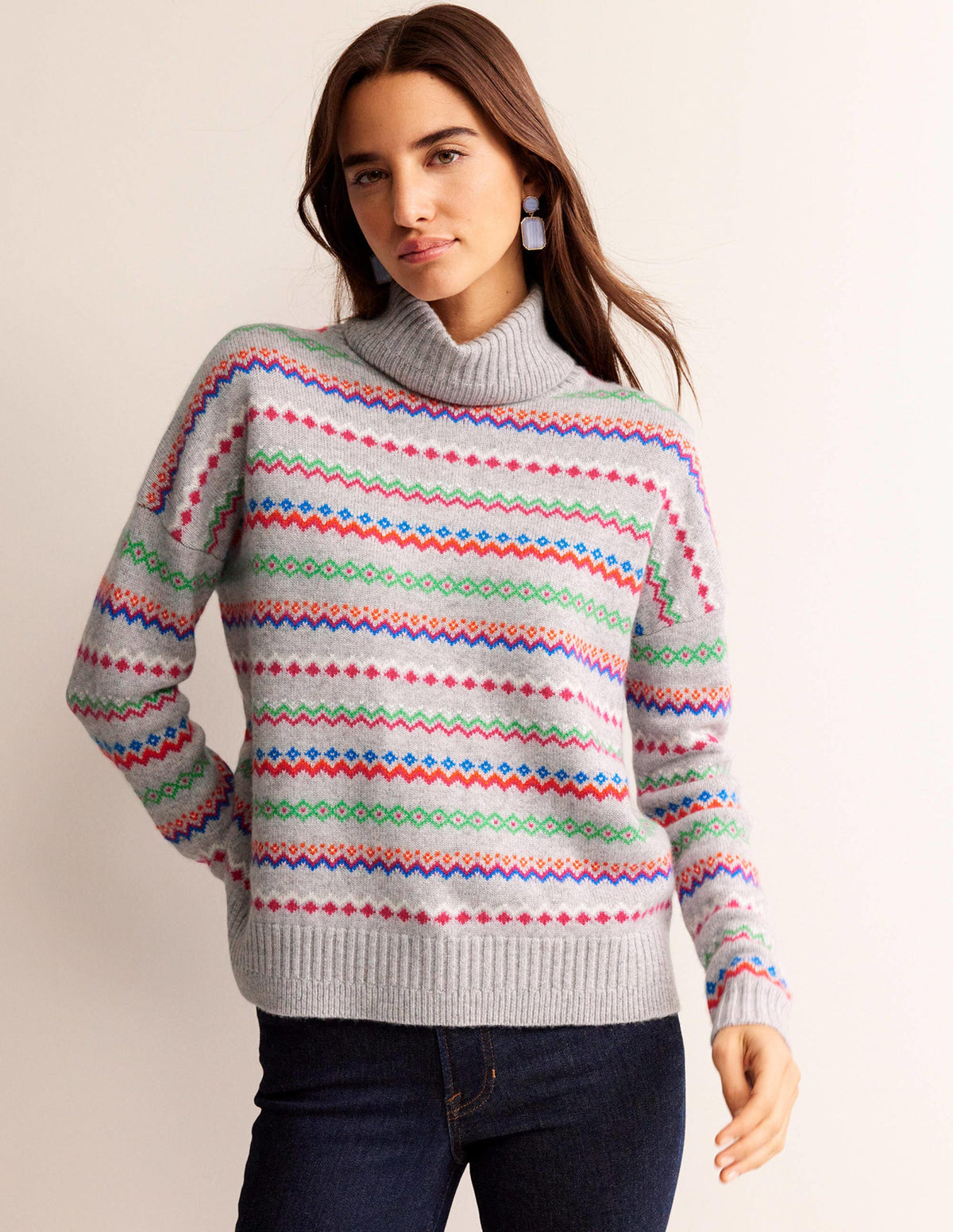 Roll Neck Cashmere Sweater-Grey Melange Fairisle-2