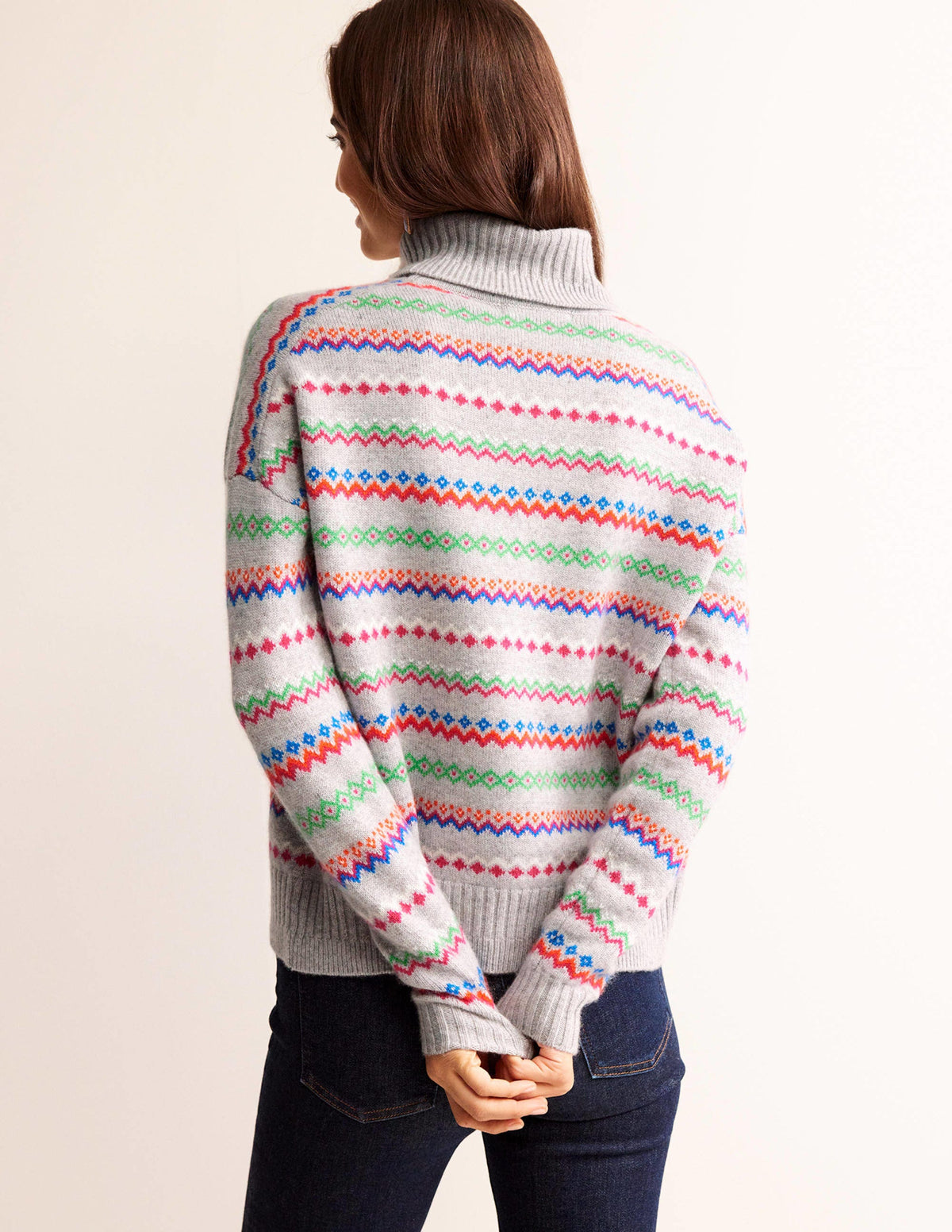 Roll Neck Cashmere Sweater-Grey Melange Fairisle-3