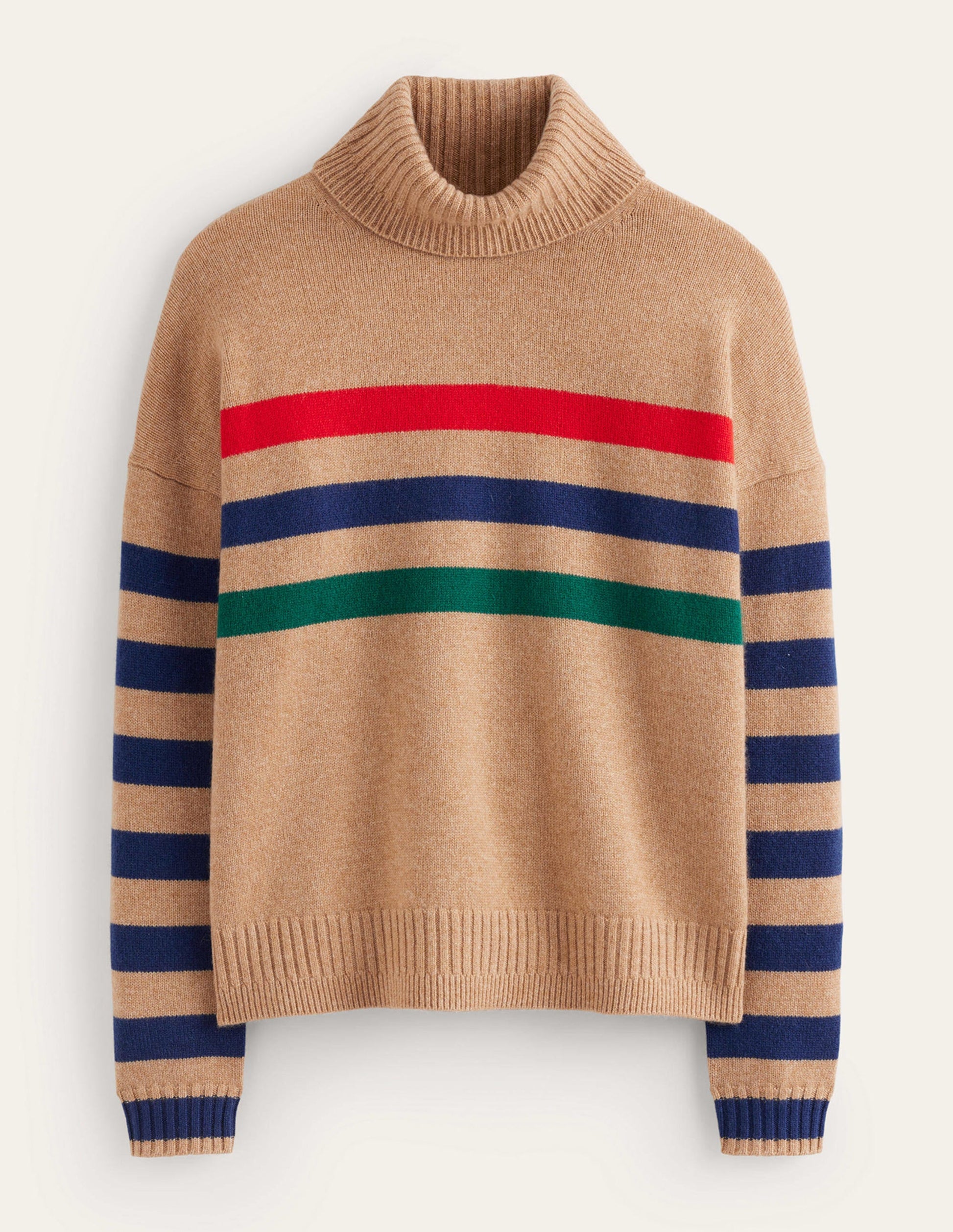 Roll Neck Cashmere Sweater-Camel and Red Stripe-5