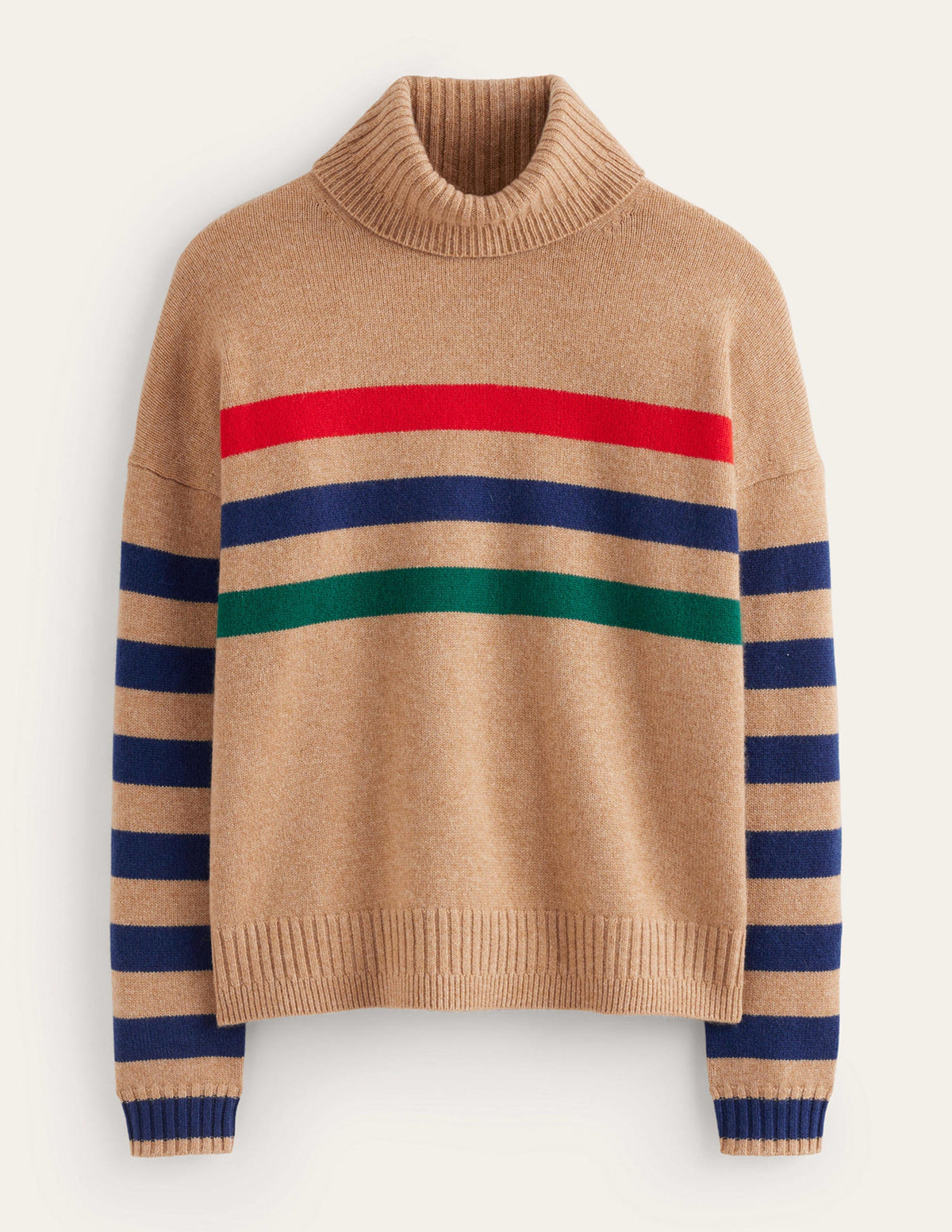 Roll Neck Cashmere Sweater-Camel and Red Stripe - Image 5