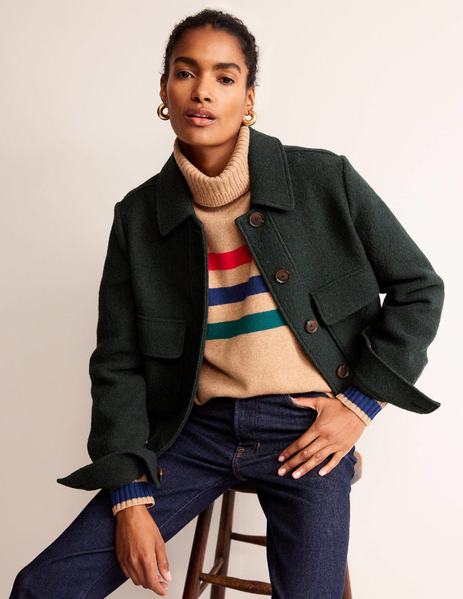 Roll Neck Cashmere Sweater-Camel and Red Stripe-1