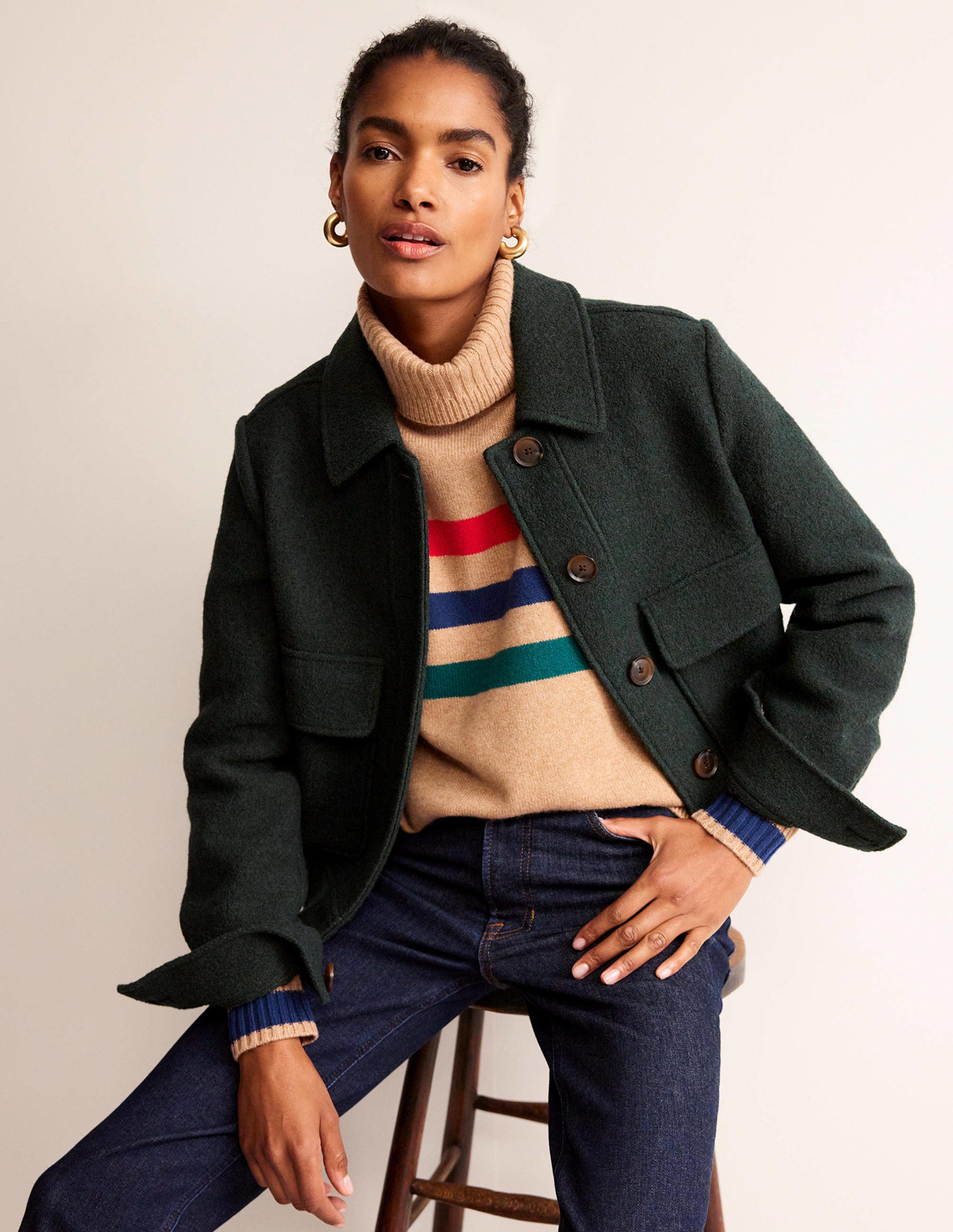 Roll Neck Cashmere Sweater-Camel and Red Stripe - Image 1
