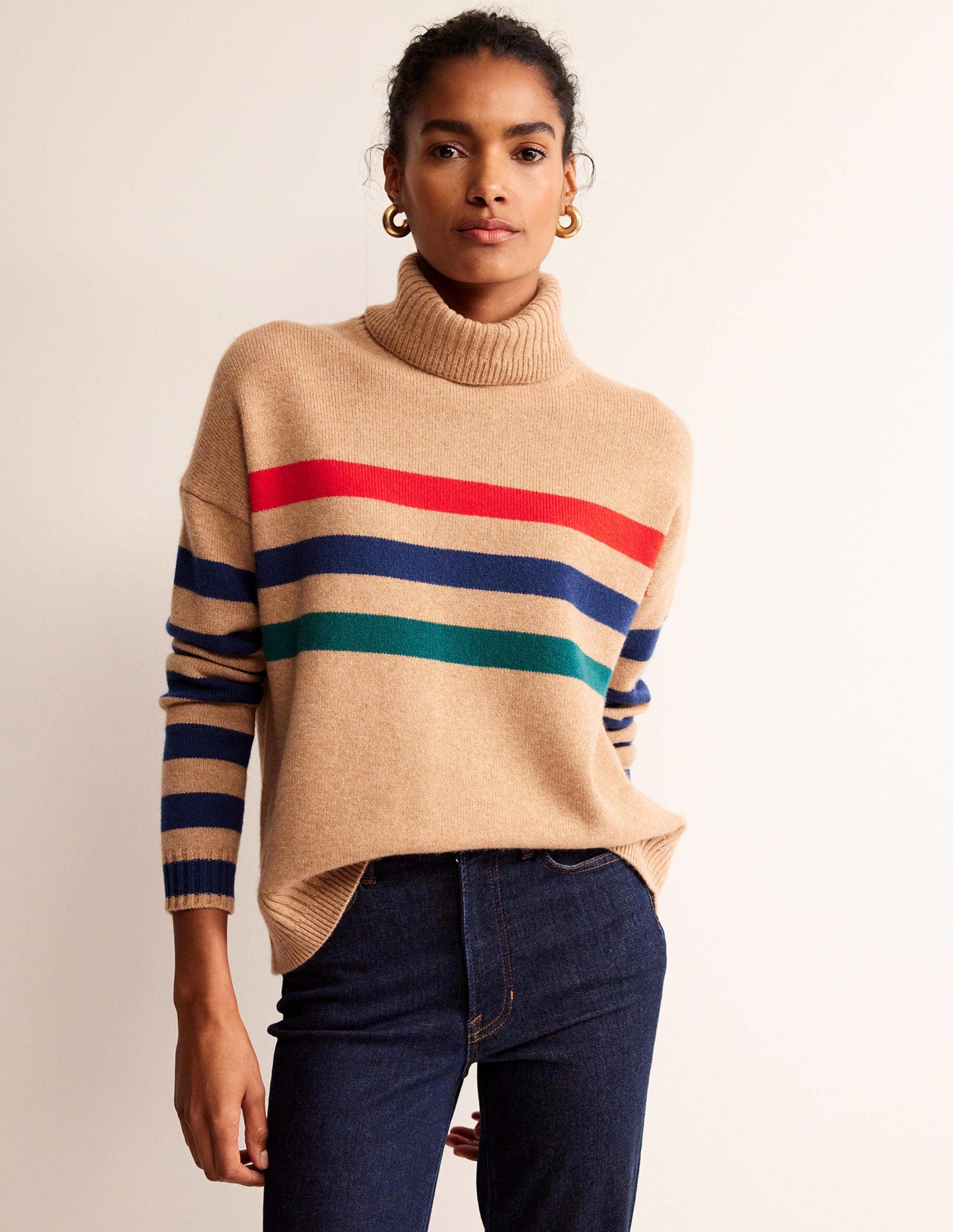 Roll Neck Cashmere Sweater-Camel and Red Stripe-2