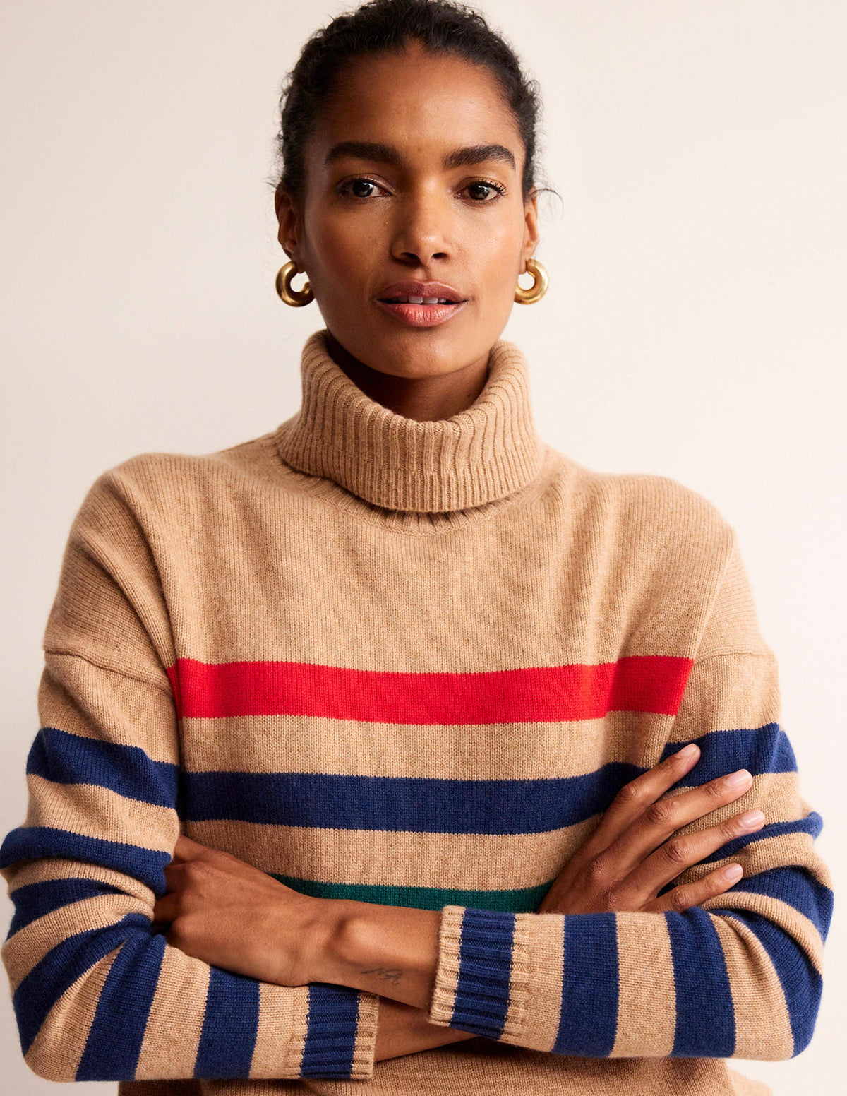 Roll Neck Cashmere Sweater-Camel and Red Stripe - Image 3