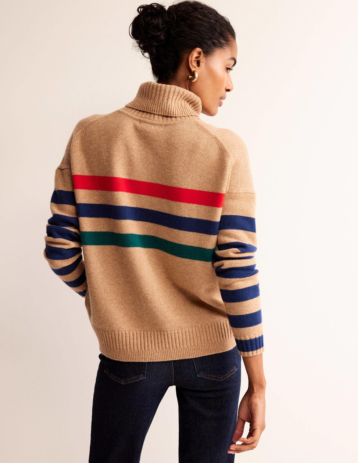 Roll Neck Cashmere Sweater-Camel and Red Stripe - Image 4