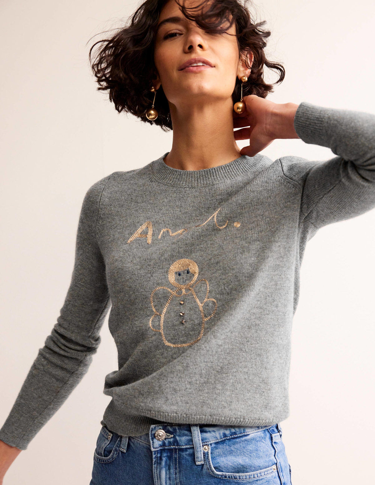 Festive Embroidered Sweater-Grey Melange, Angel-1