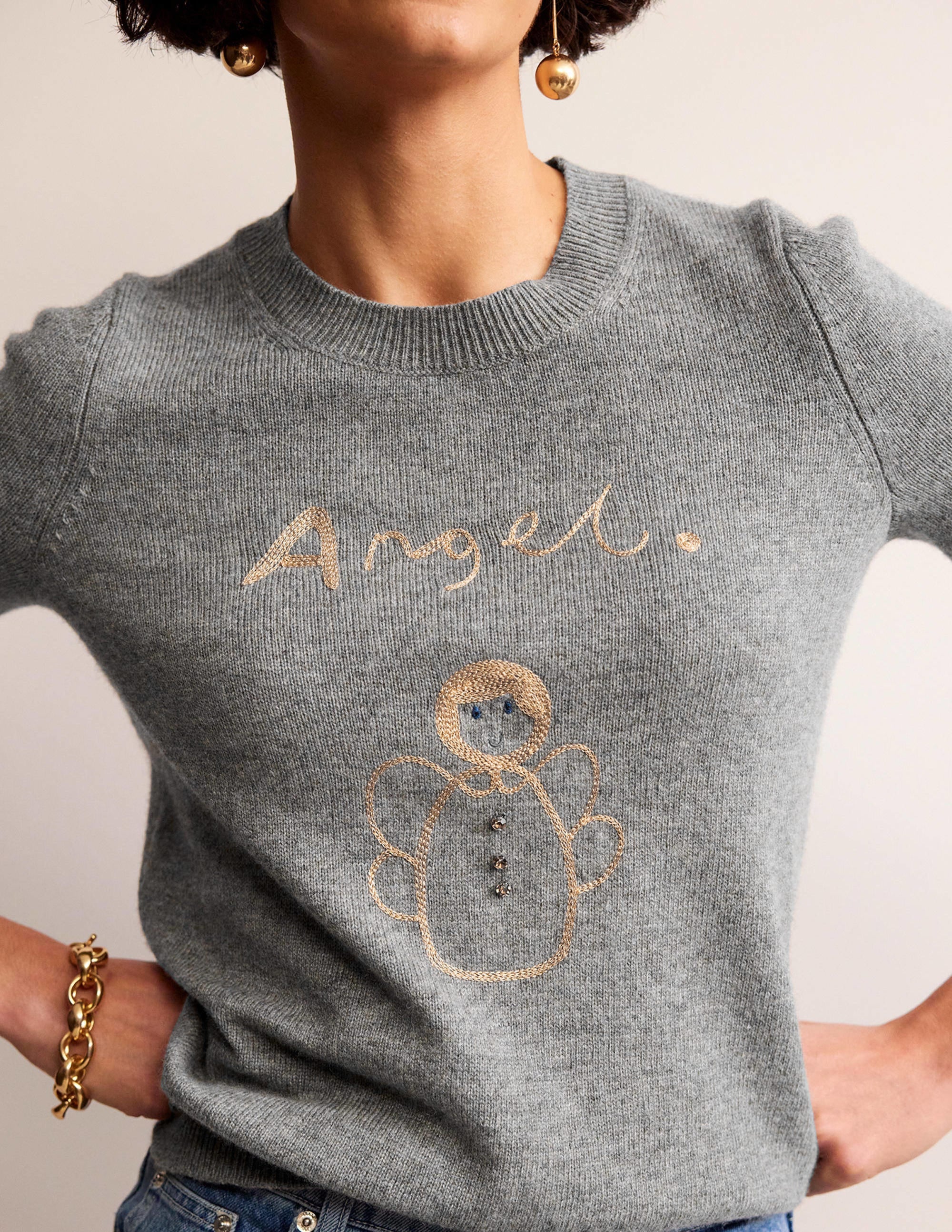 Festive Embroidered Sweater-Grey Melange, Angel - Image 2