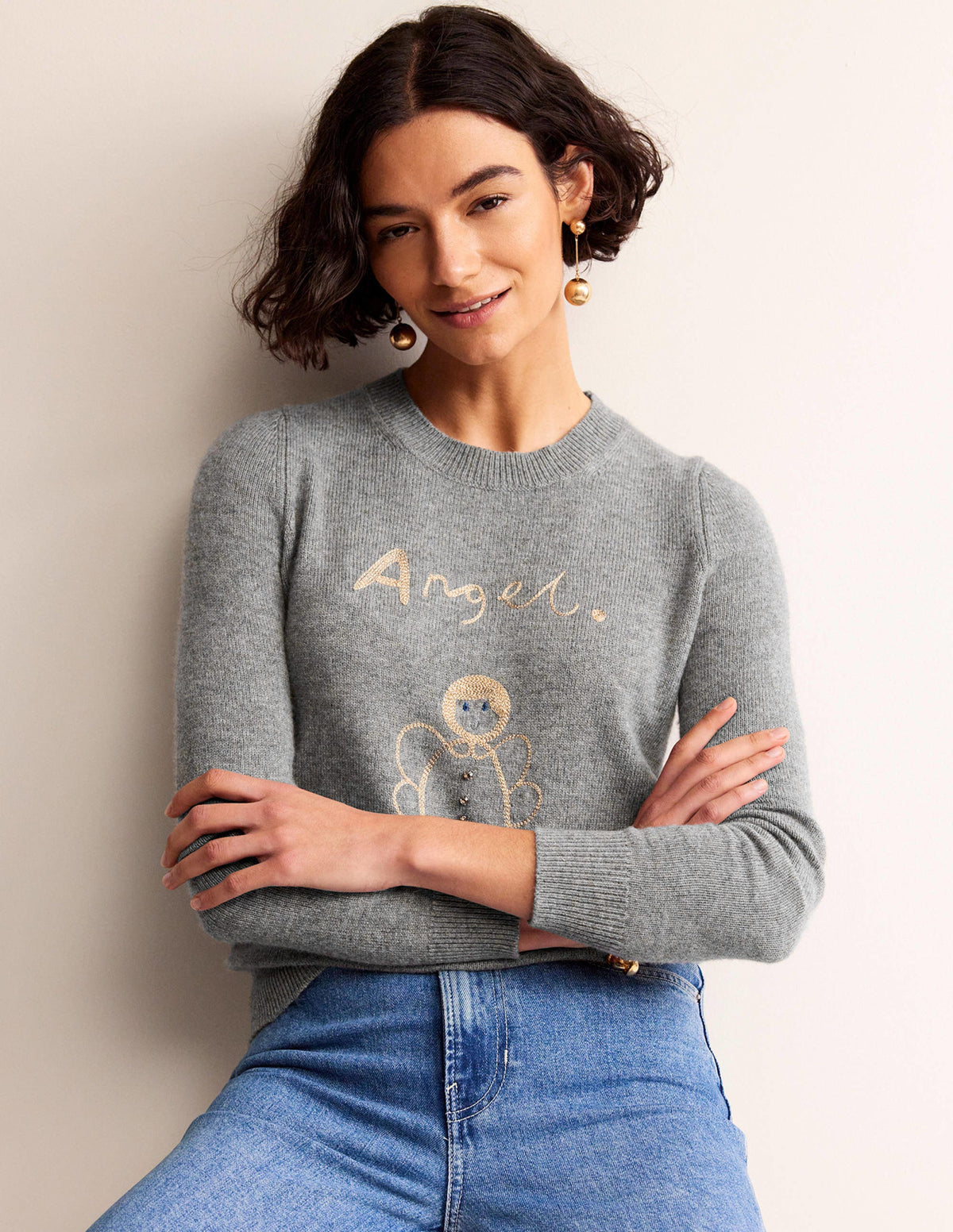 Festive Embroidered Sweater-Grey Melange, Angel-4