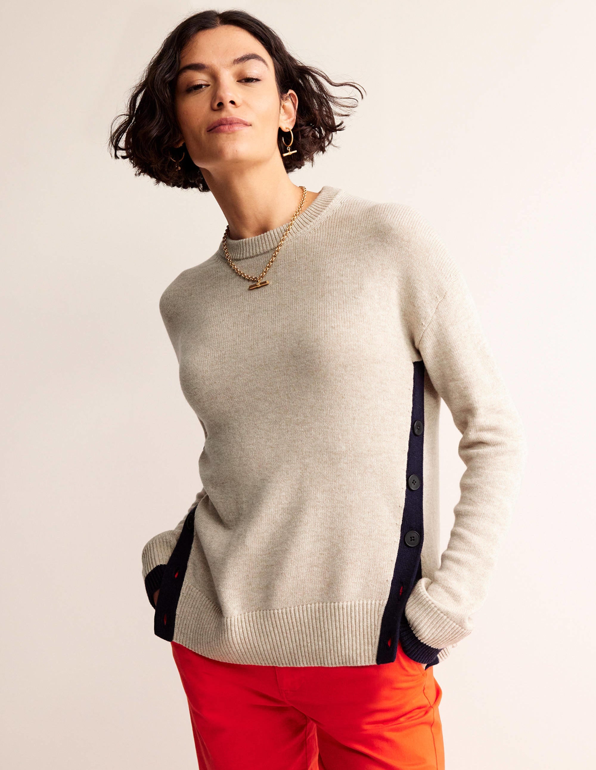 Alma Contrast Trim Sweater-Chinchilla Melange, Navy - Image 1