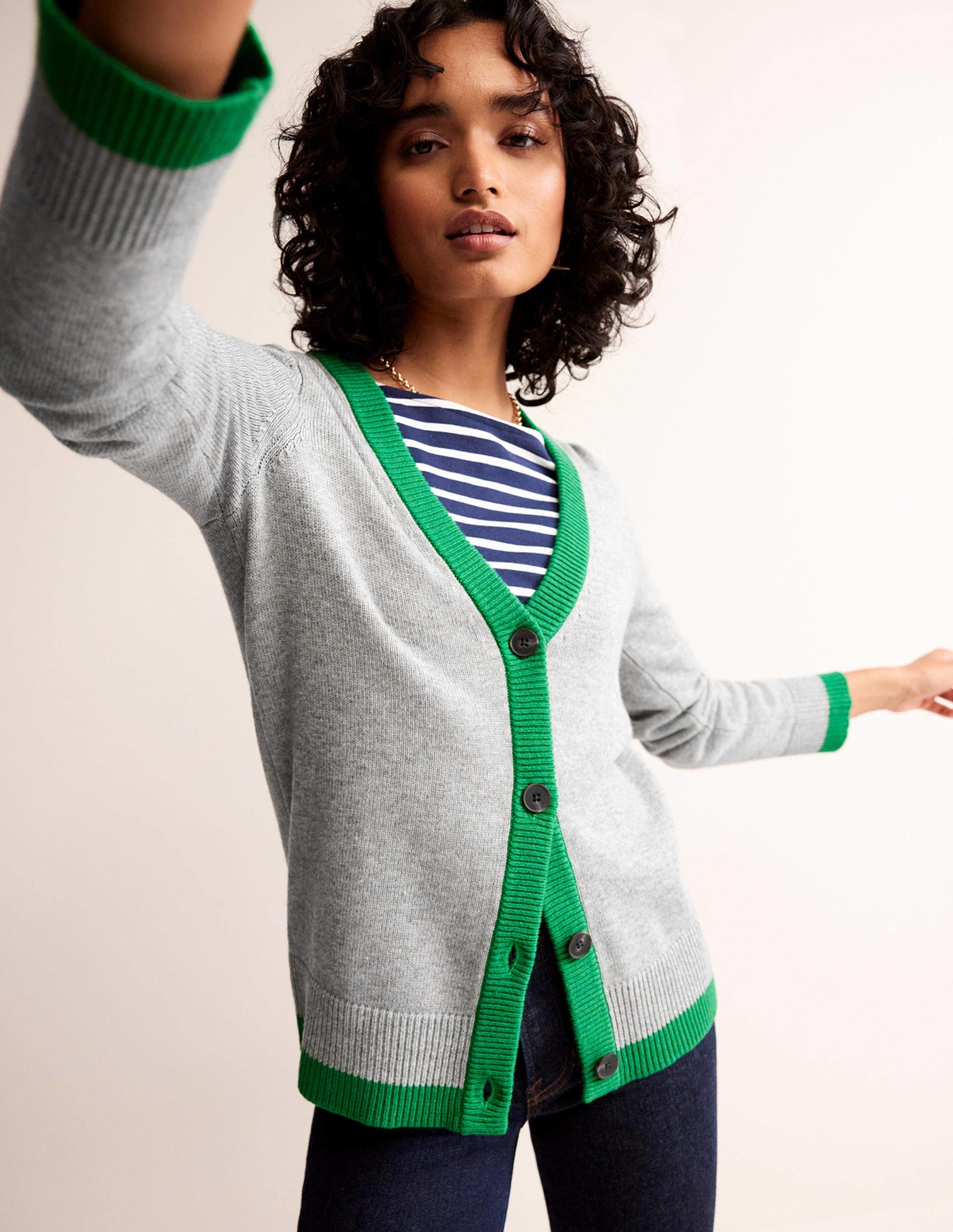 Alma Contrast Trim Cardigan-Grey Melange, Rich Emerald-1